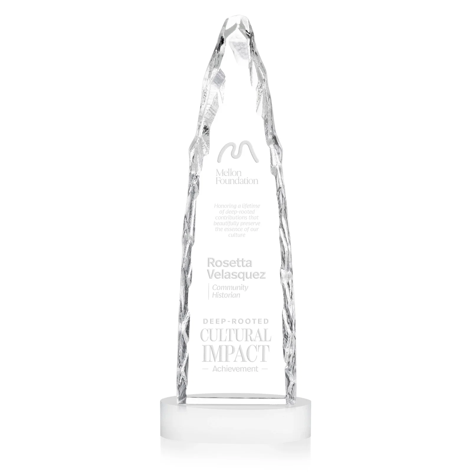 Custom Optical Crystal Tower Award with a Sheared Iceberg Silhouette, awards for company anniversary events