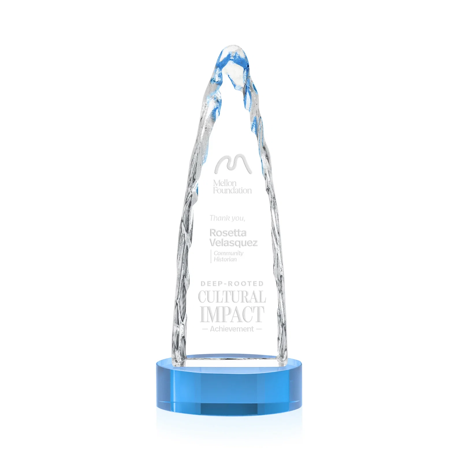 Custom Optical Crystal Tower Award with a Sheared Iceberg Silhouette, awards for corporate award ceremonies