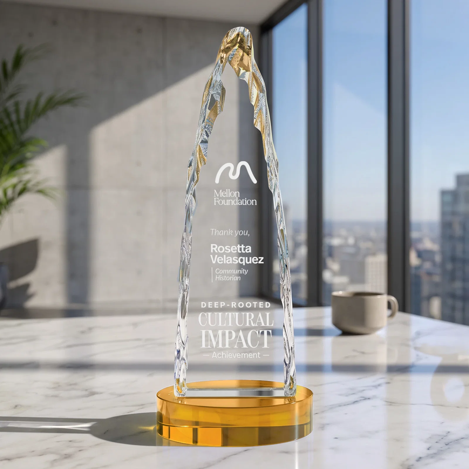 Personalized Optical Crystal Tower Award with a Sheared Iceberg Silhouette, awards for donor appreciation