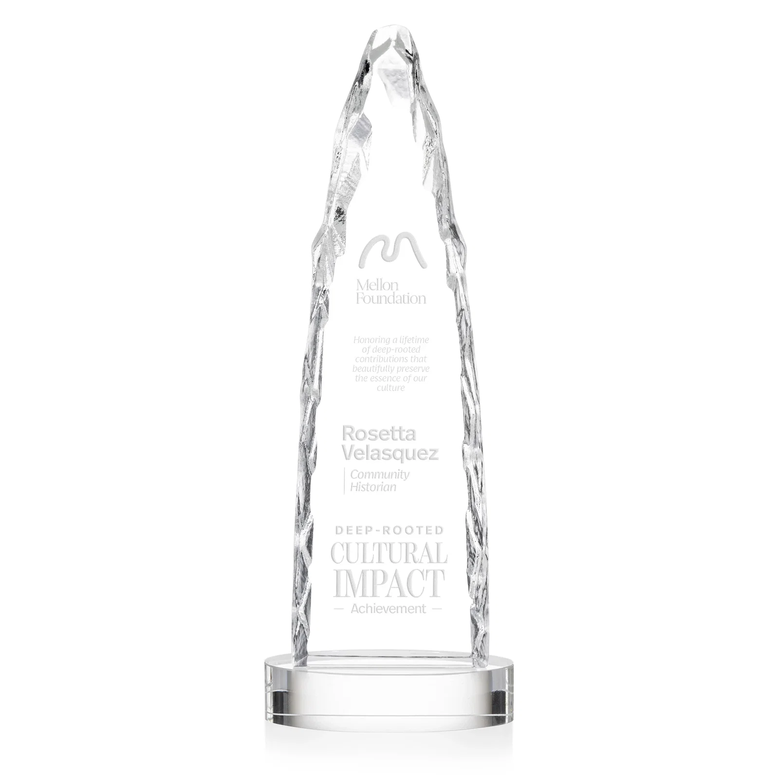 Personalized Optical Crystal Tower Award with a Sheared Iceberg Silhouette, awards for company anniversary events