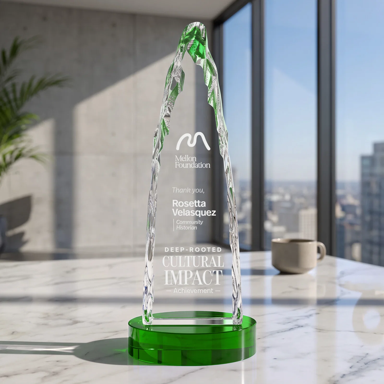 Branded Optical Crystal Tower Award with a Sheared Iceberg Silhouette, awards for employee recognition