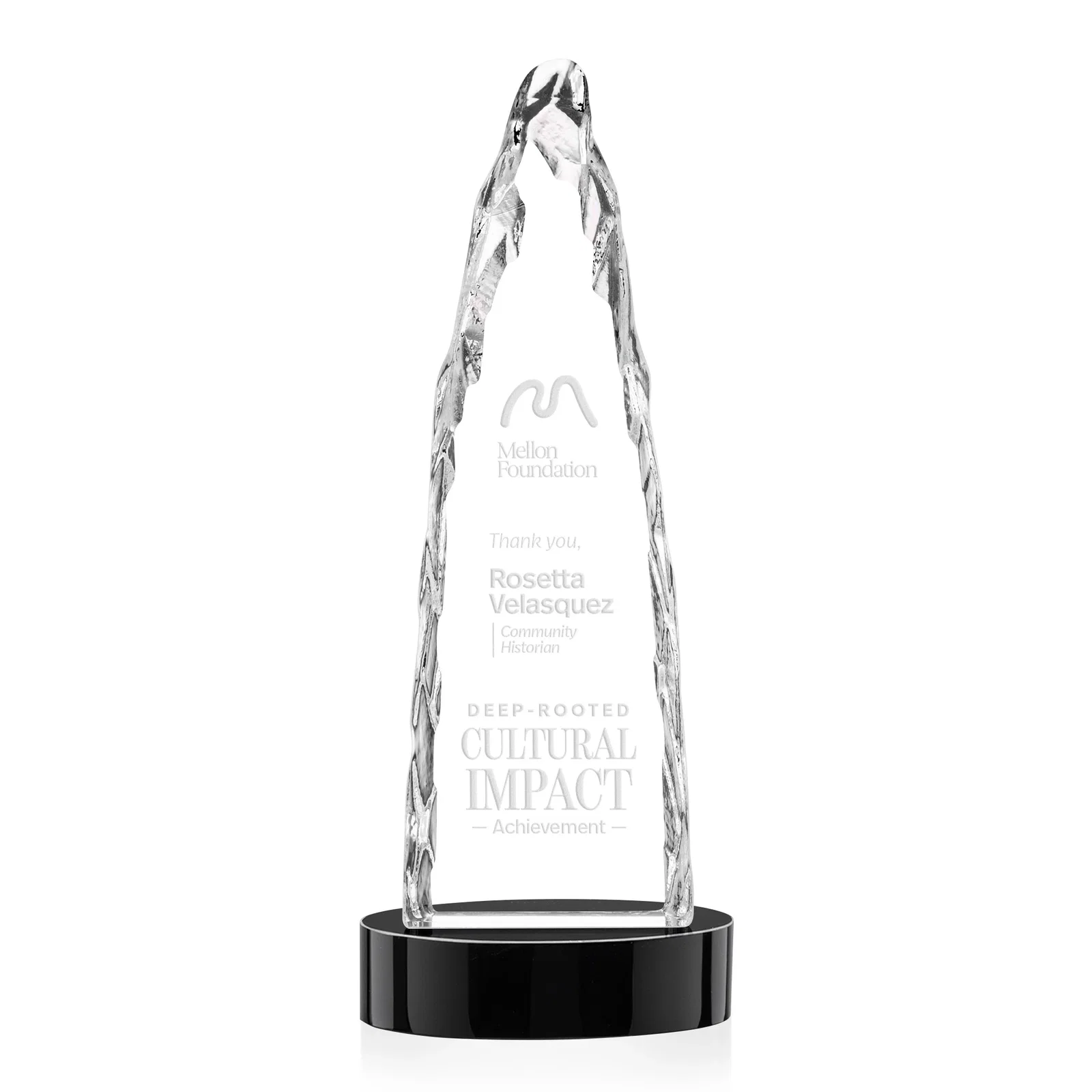 Branded Optical Crystal Tower Award with a Sheared Iceberg Silhouette, awards for retirement presentations