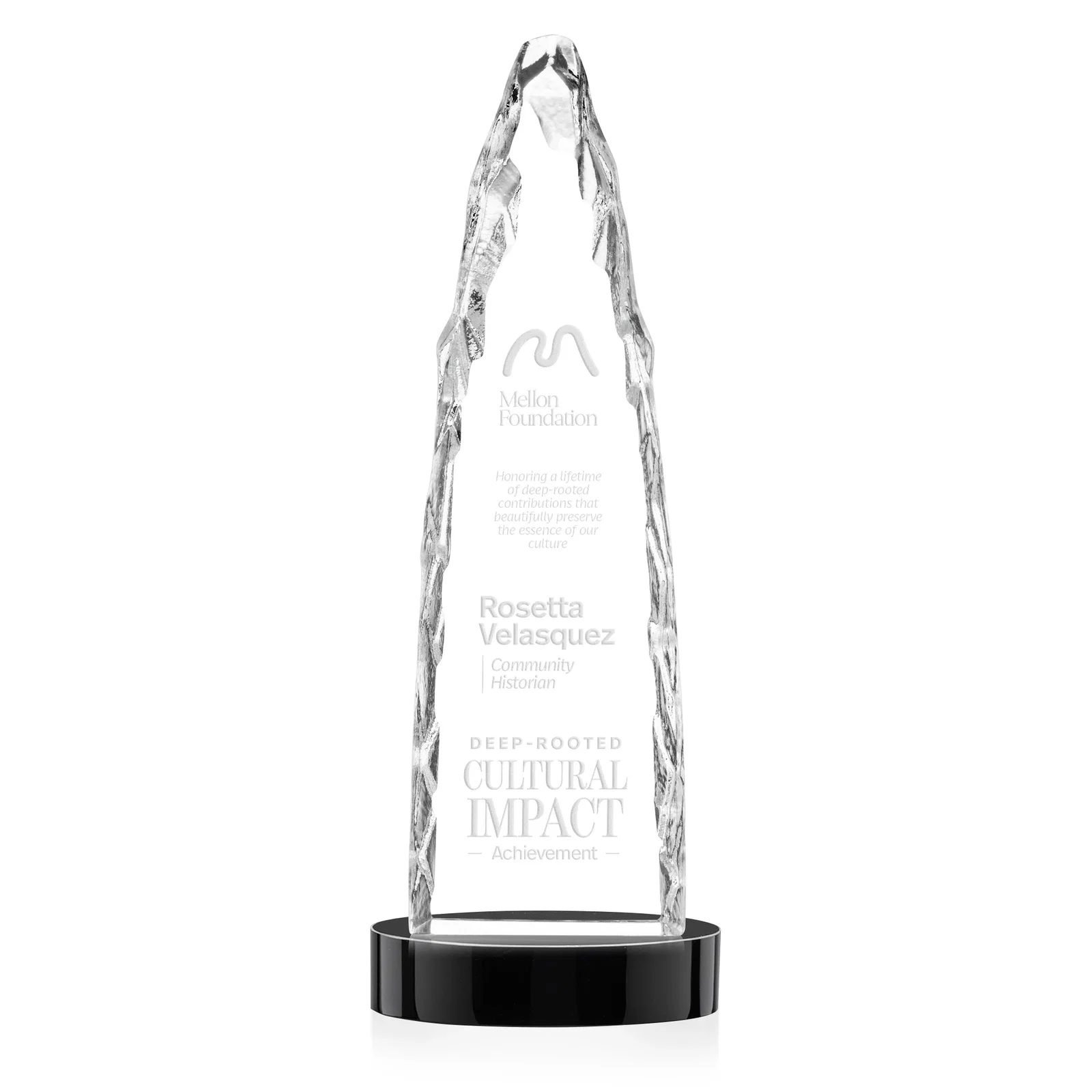 Branded Optical Crystal Tower Award with a Sheared Iceberg Silhouette, awards for team milestone celebrations