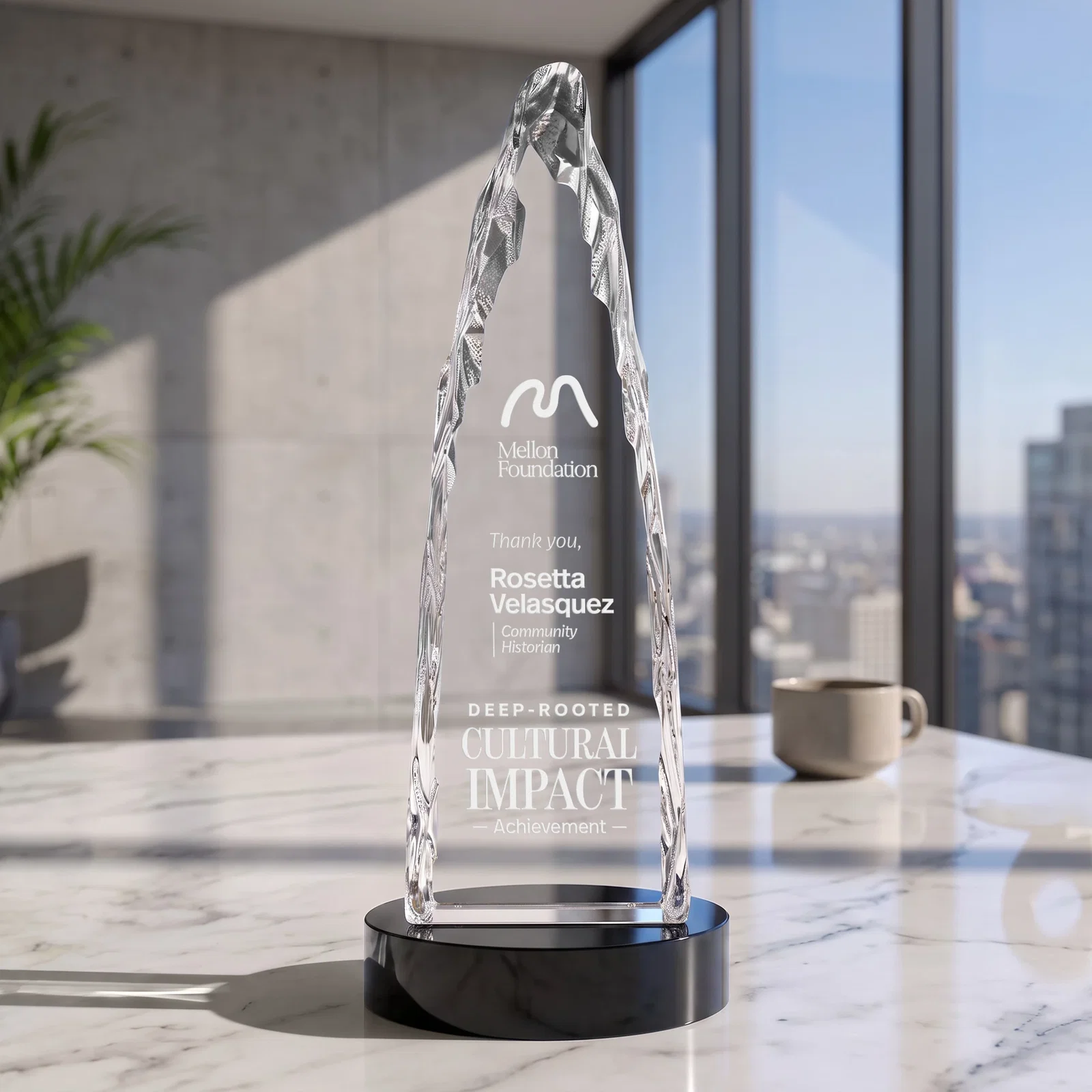 Branded Optical Crystal Tower Award with a Sheared Iceberg Silhouette, awards for donor appreciation