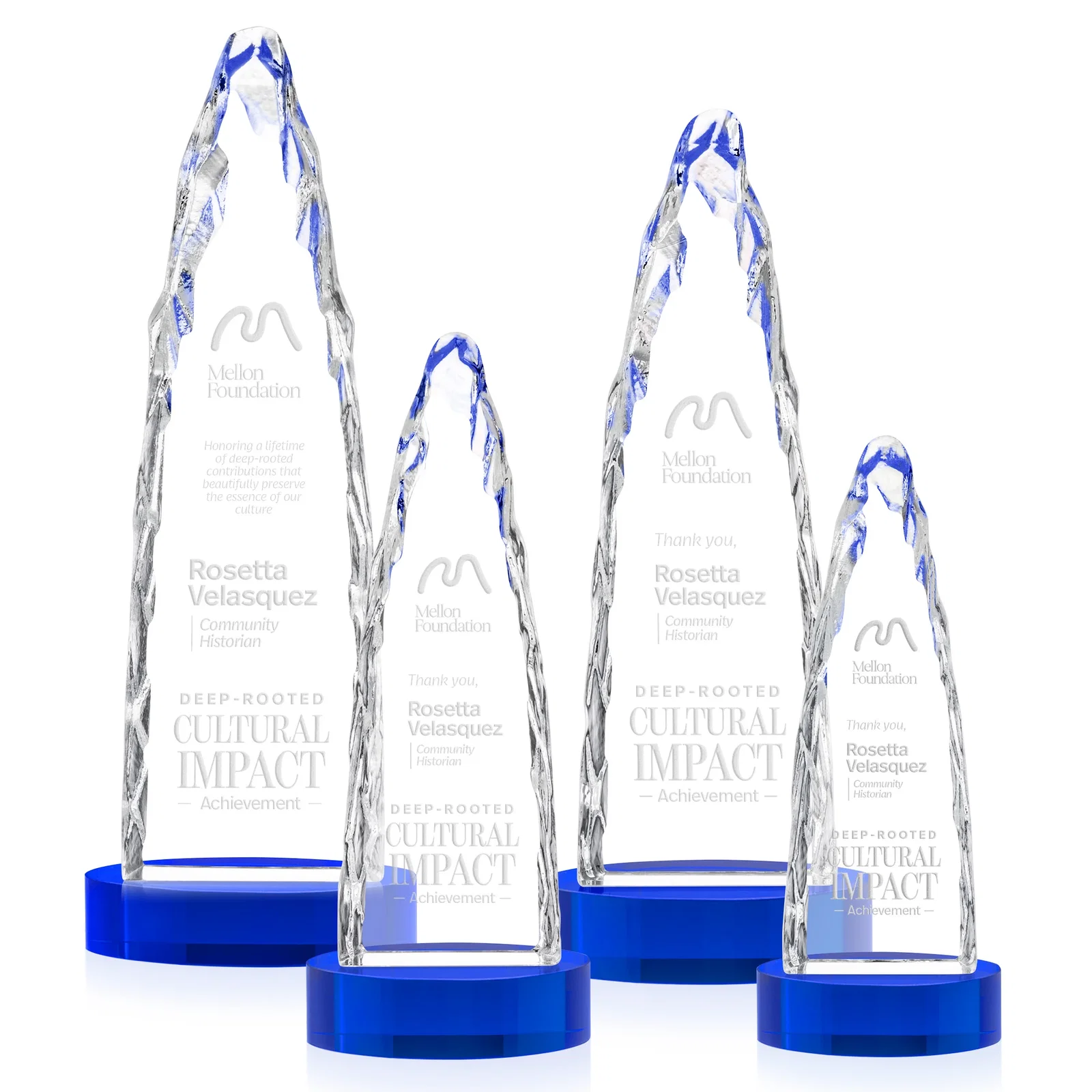 Branded Optical Crystal Tower Award with a Sheared Iceberg Silhouette, awards for graduation ceremonies