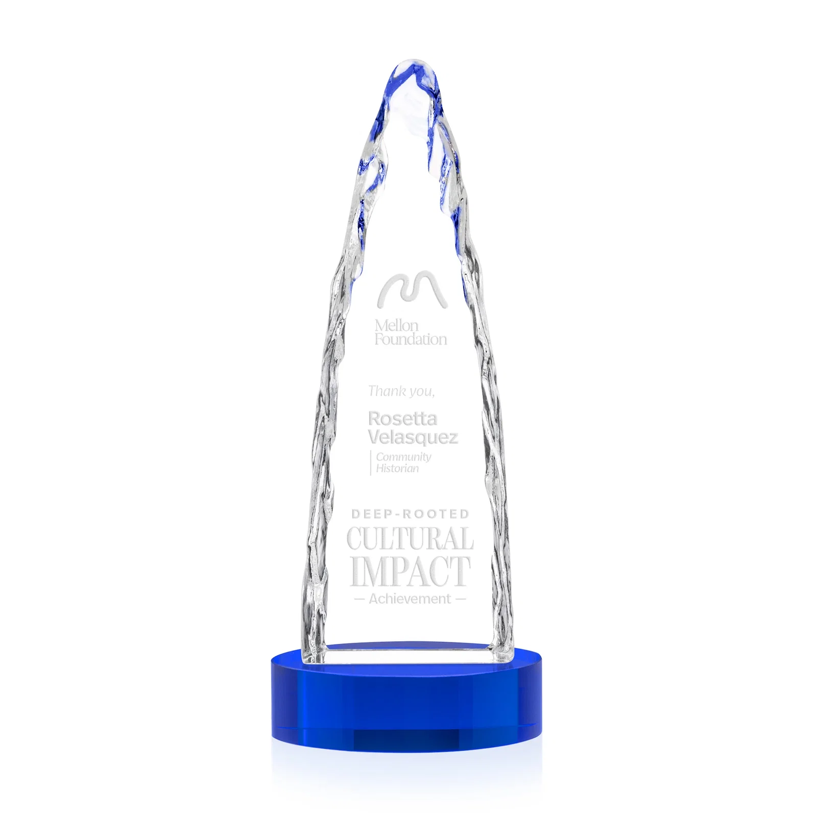 Branded Optical Crystal Tower Award with a Sheared Iceberg Silhouette, awards for volunteer appreciation
