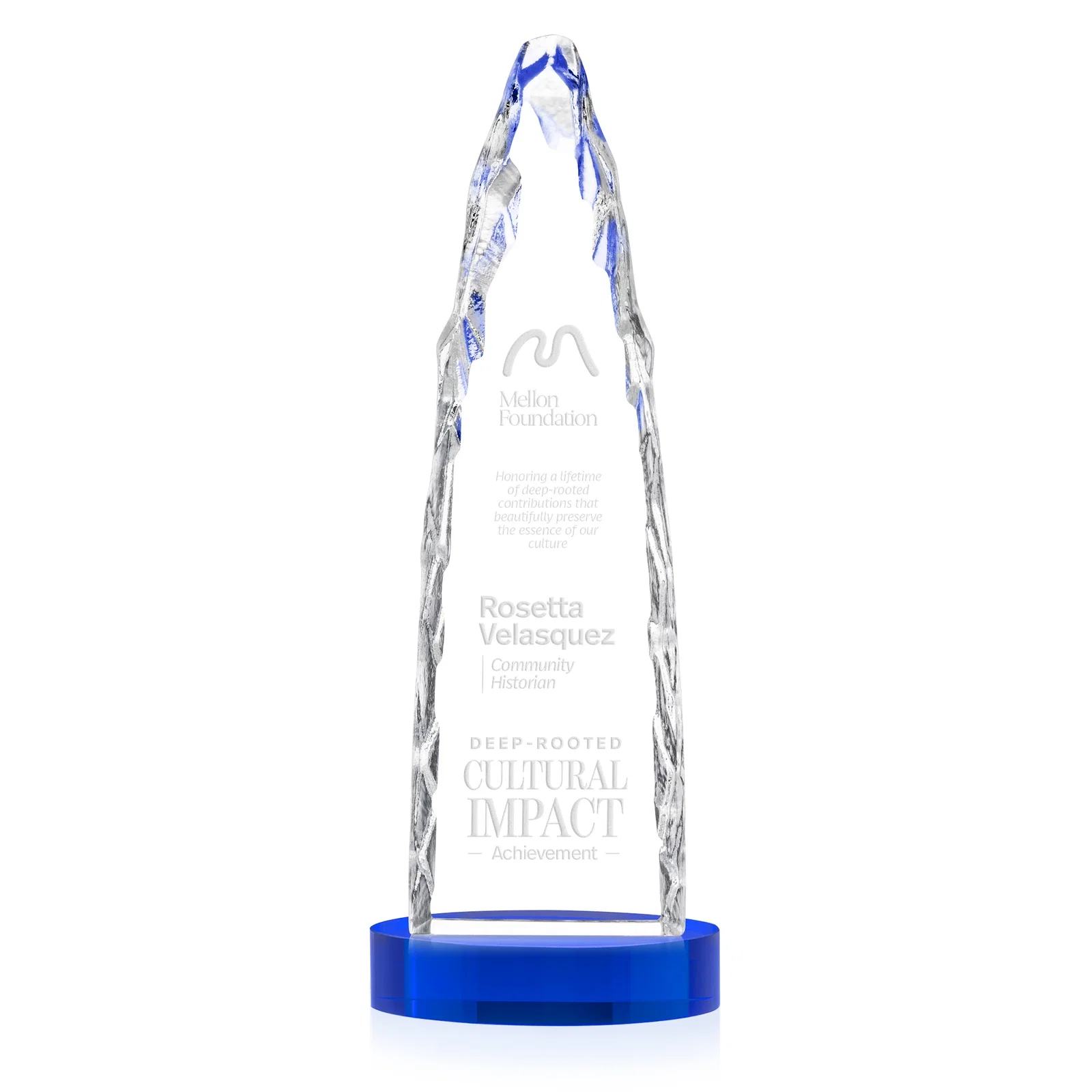 Branded Optical Crystal Tower Award with a Sheared Iceberg Silhouette, awards for company anniversary events