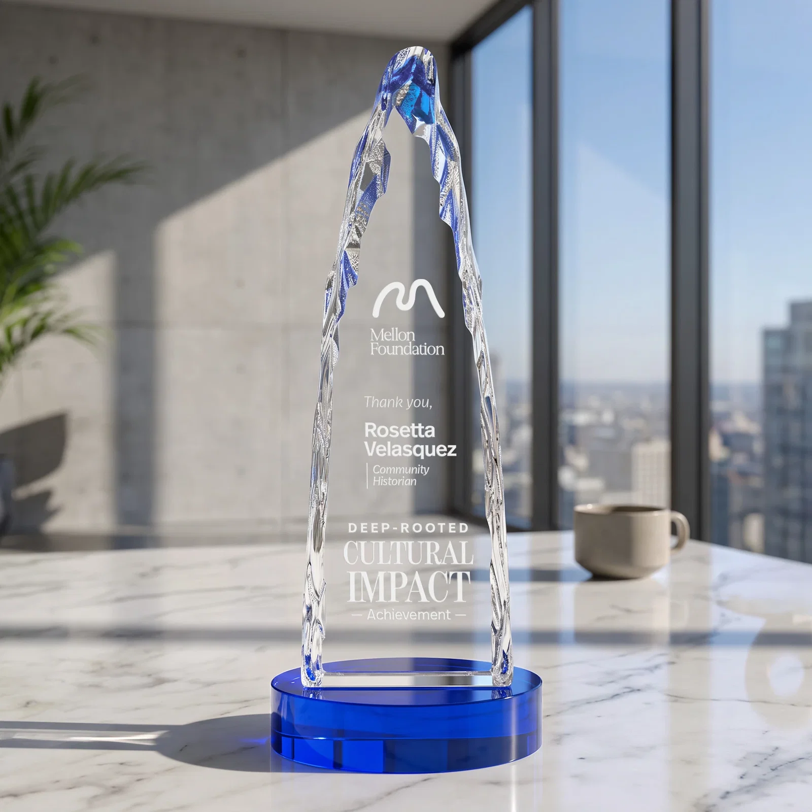 Custom printed Optical Crystal Tower Award with a Sheared Iceberg Silhouette, awards for employee recognition