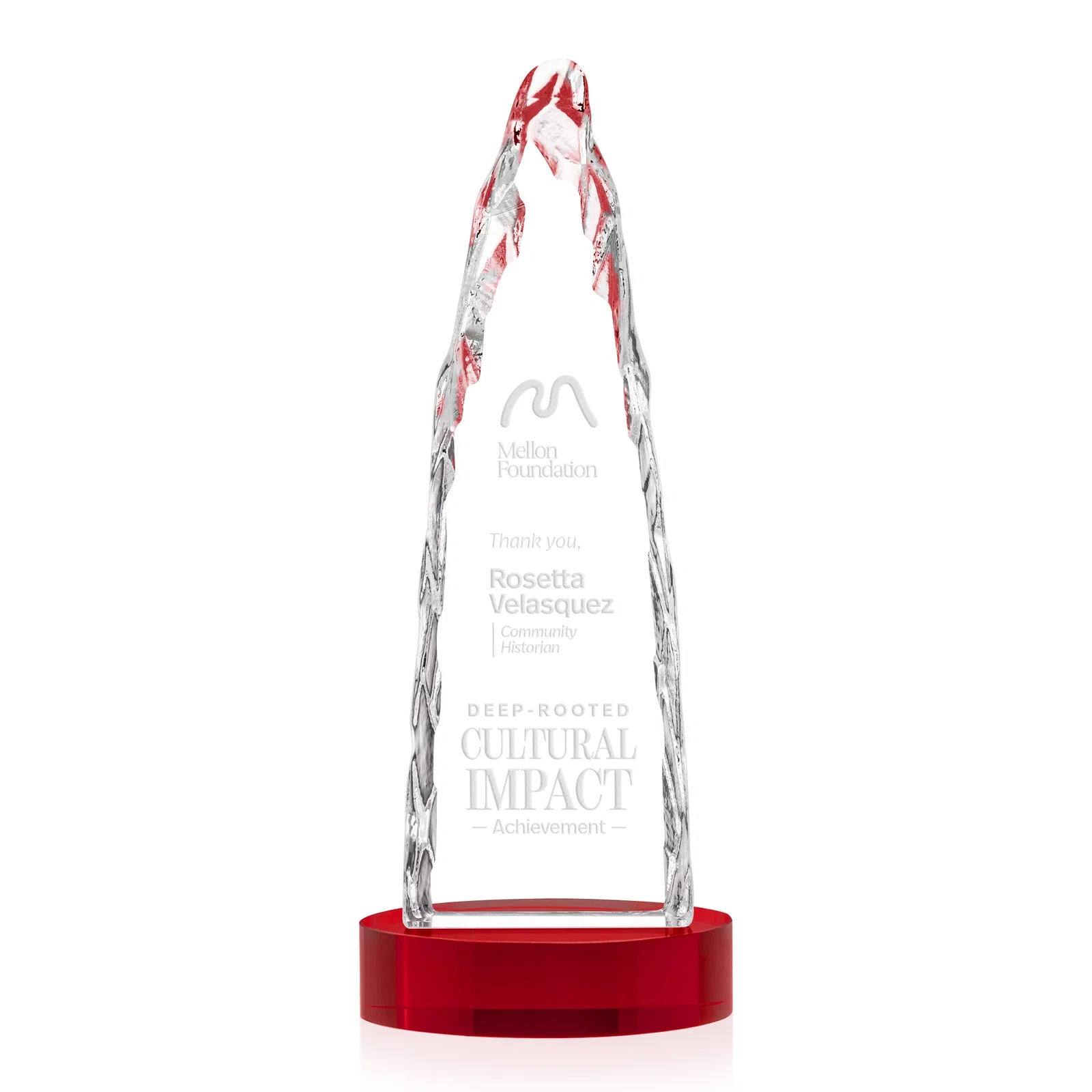 Custom printed Optical Crystal Tower Award with a Sheared Iceberg Silhouette, awards for retirement presentations