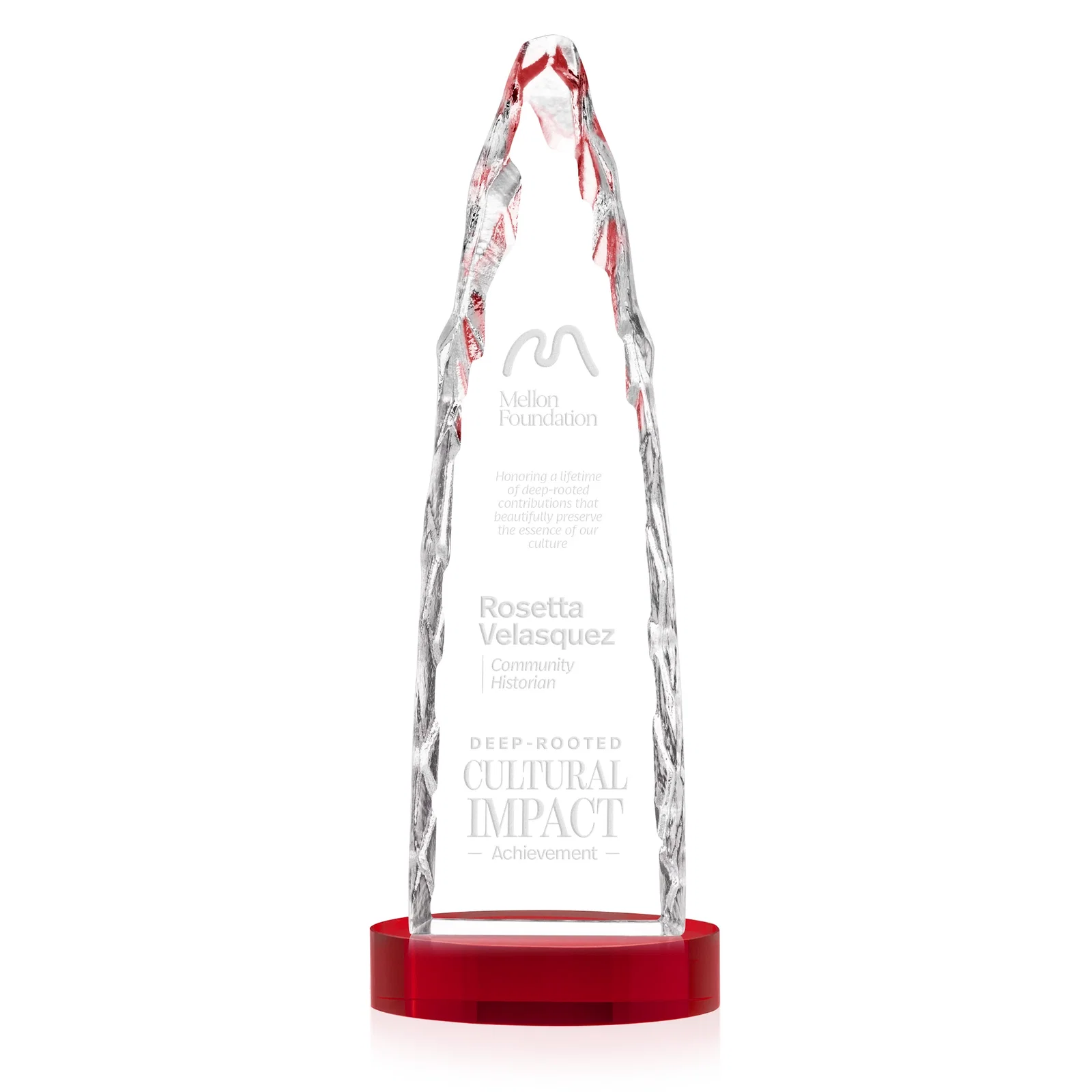 Custom printed Optical Crystal Tower Award with a Sheared Iceberg Silhouette, awards for team milestone celebrations