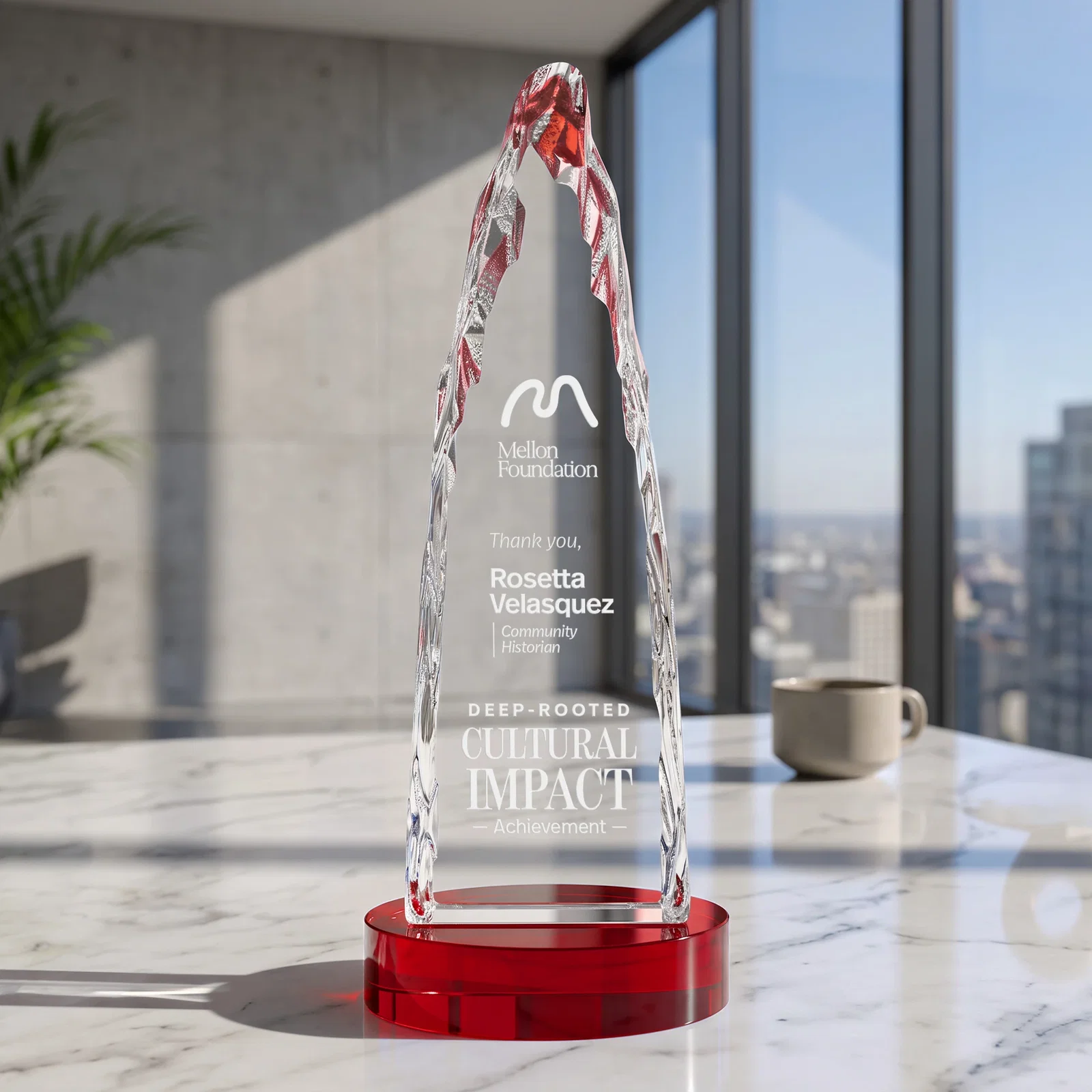 Custom printed Optical Crystal Tower Award with a Sheared Iceberg Silhouette, awards for donor appreciation