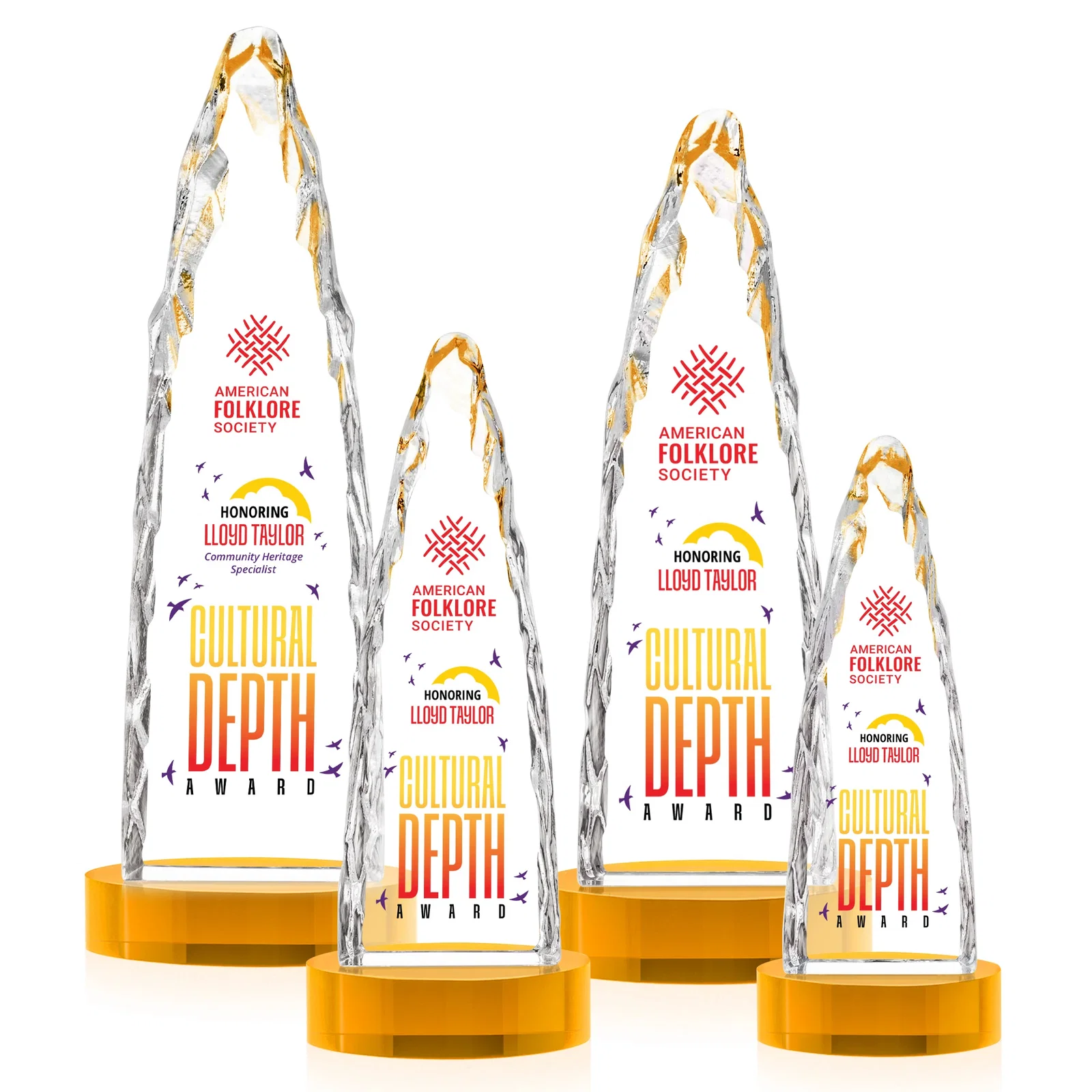 Custom printed Optical Crystal Tower Award with a Sheared Iceberg Silhouette, awards for graduation ceremonies