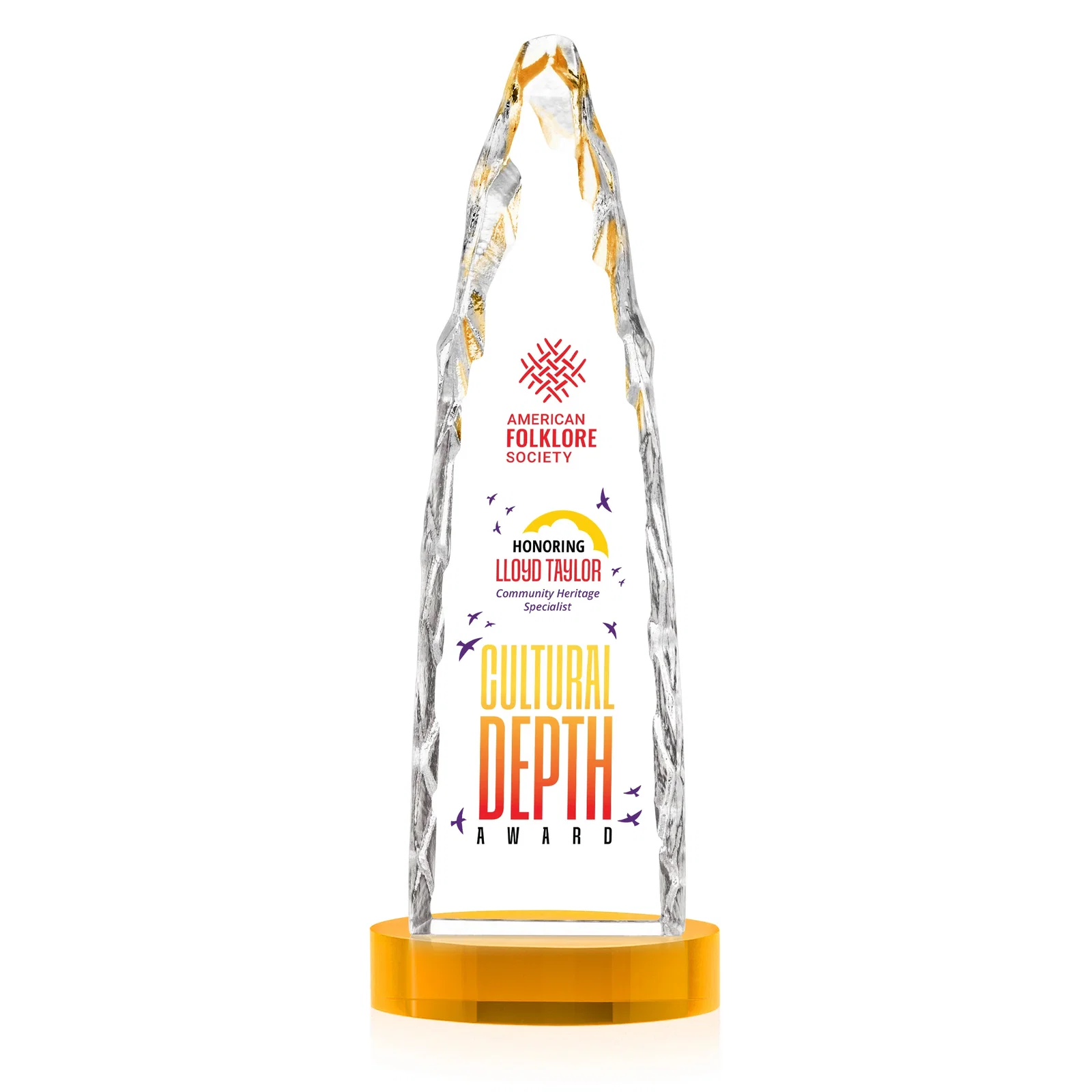 Custom printed Optical Crystal Tower Award with a Sheared Iceberg Silhouette, awards for company anniversary events