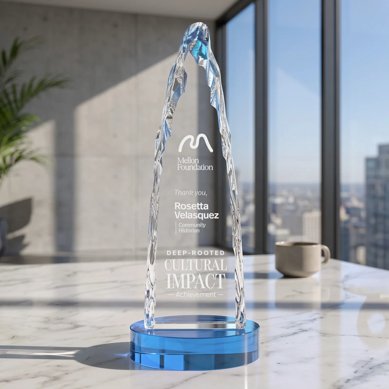 Custom Optical Crystal Tower Award with a Sheared Iceberg Silhouette, awards for donor appreciation