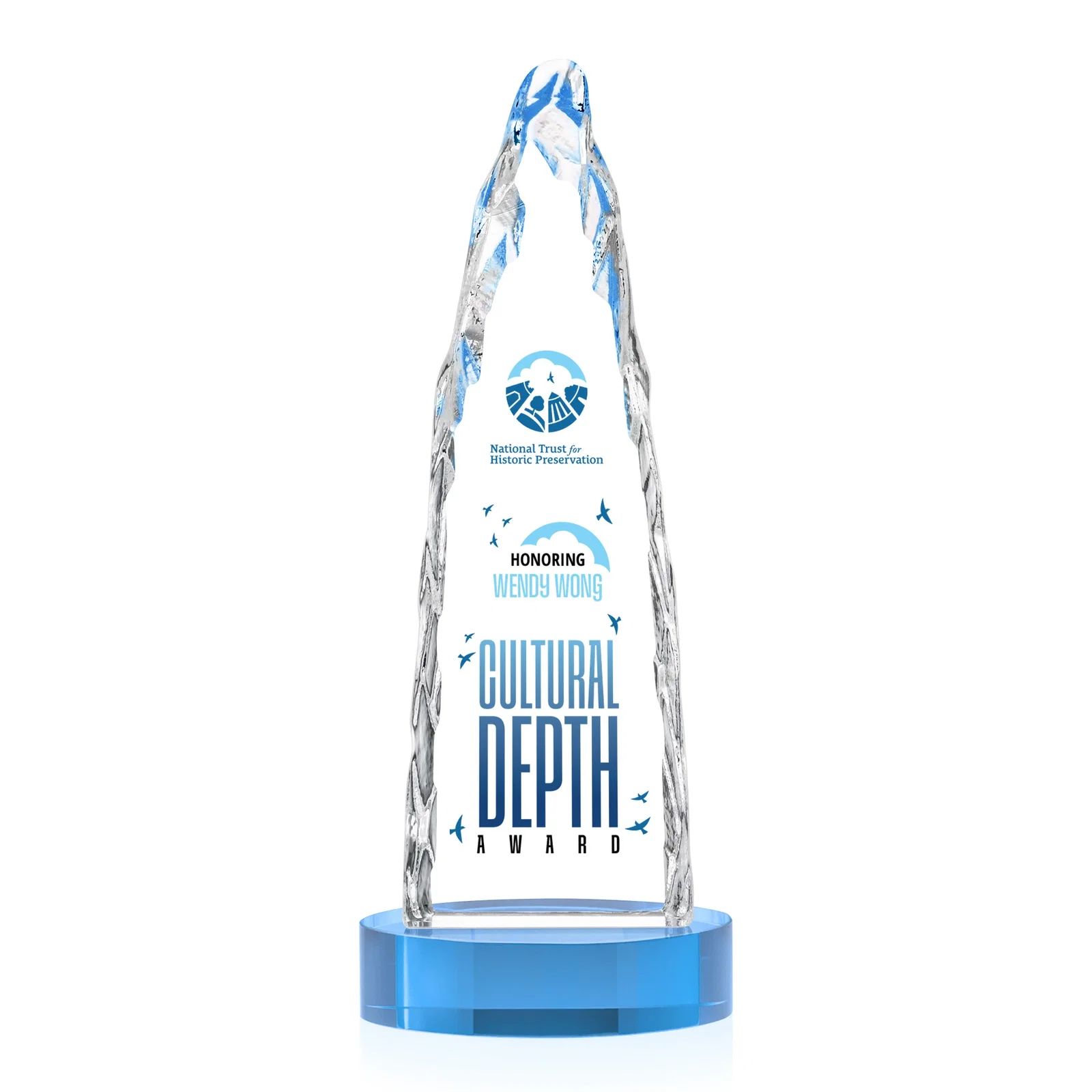Customized Optical Crystal Tower Award with a Sheared Iceberg Silhouette, awards for retirement presentations