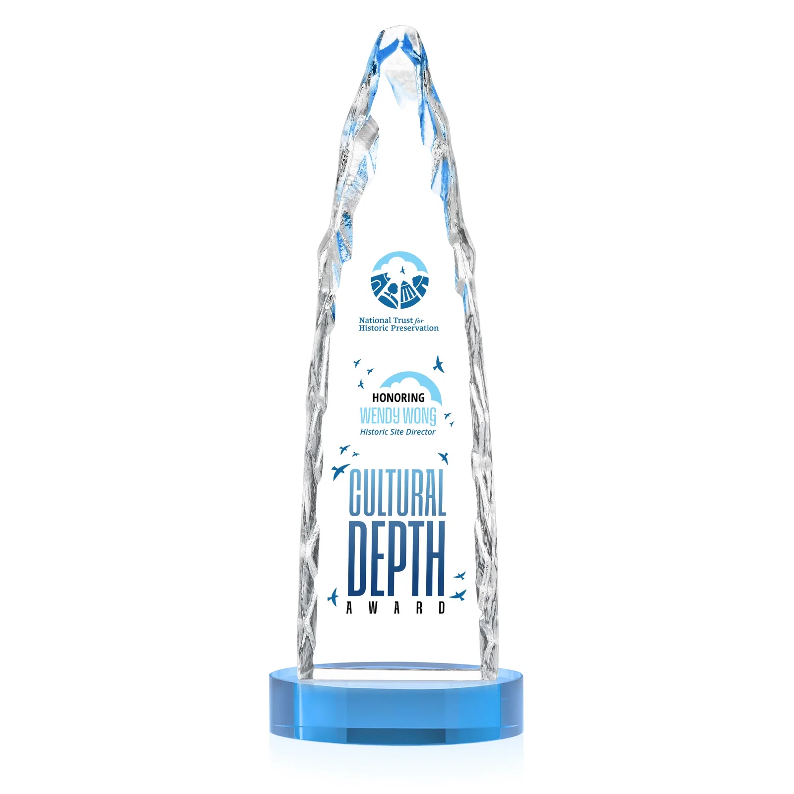 Customized Optical Crystal Tower Award with a Sheared Iceberg Silhouette, awards for team milestone celebrations
