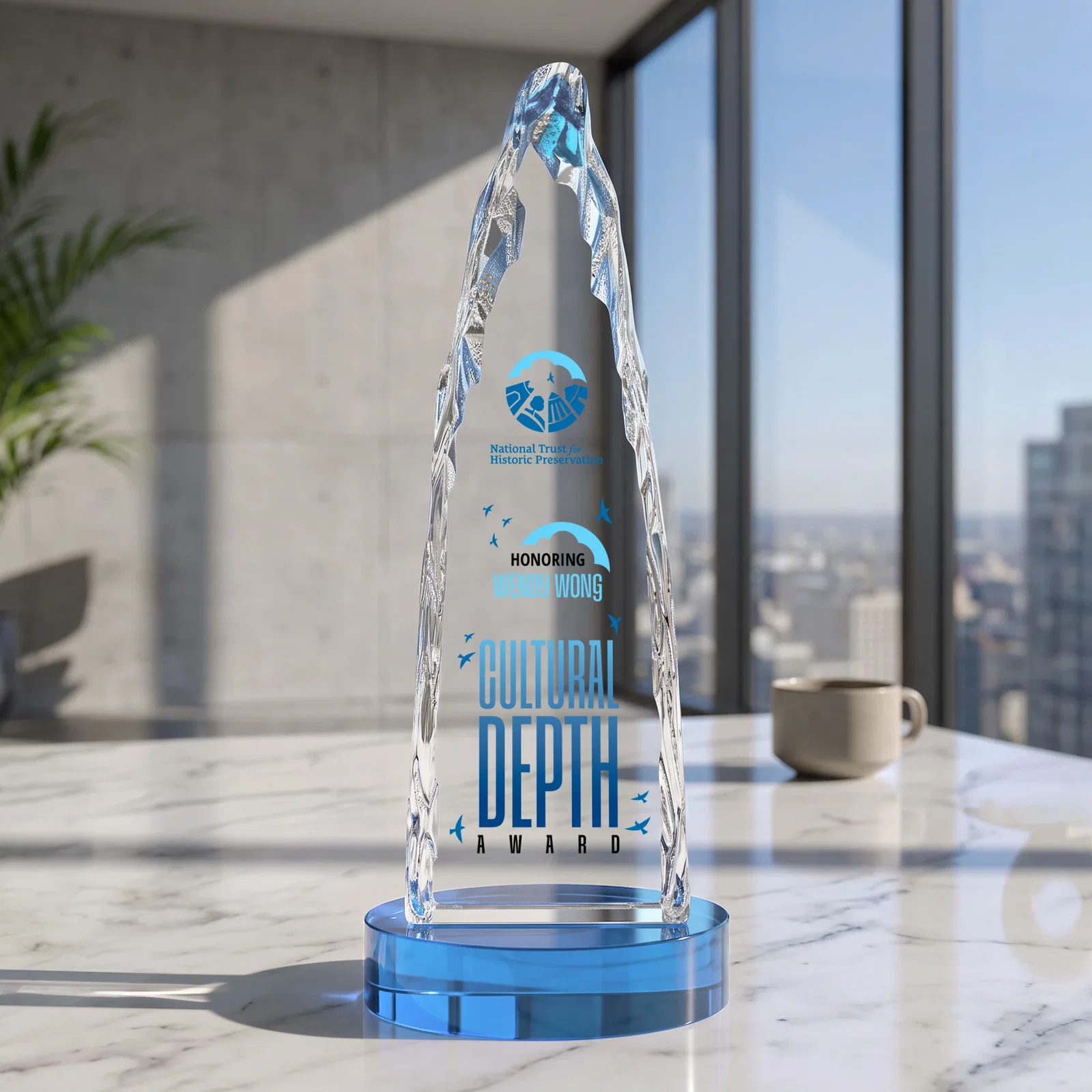 Customized Optical Crystal Tower Award with a Sheared Iceberg Silhouette, awards for donor appreciation