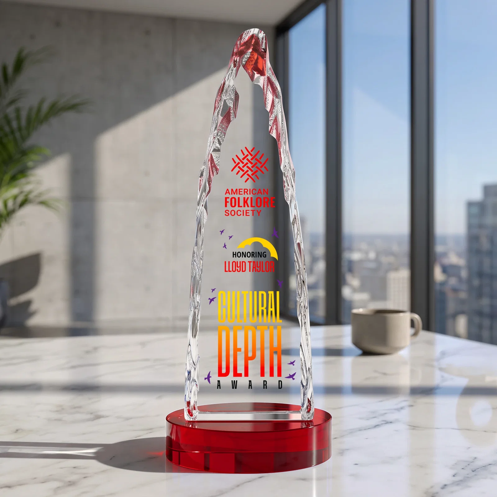 Custom engraved Optical Crystal Tower Award with a Sheared Iceberg Silhouette, awards for employee recognition