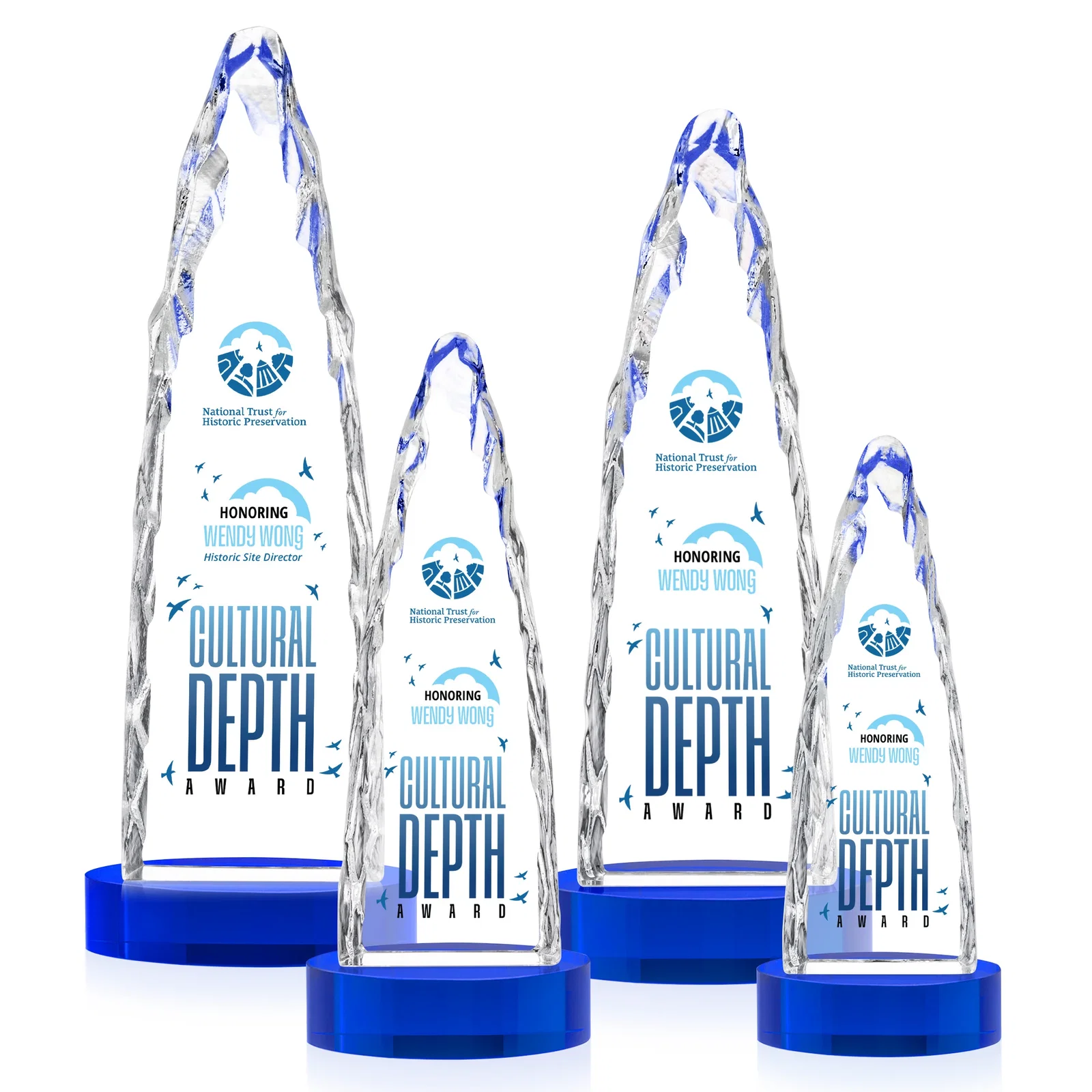 Custom engraved Optical Crystal Tower Award with a Sheared Iceberg Silhouette, awards for corporate award ceremonies