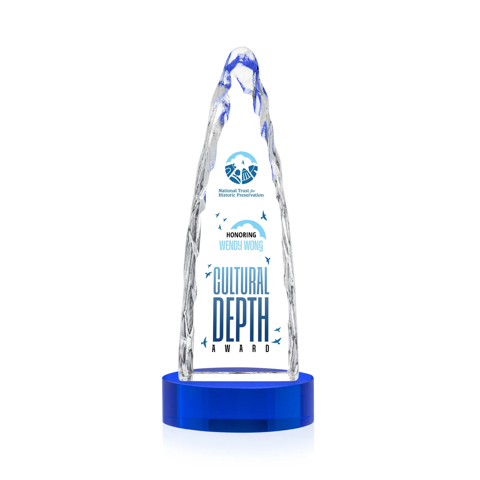 Custom engraved Optical Crystal Tower Award with a Sheared Iceberg Silhouette, awards for service anniversary gifts