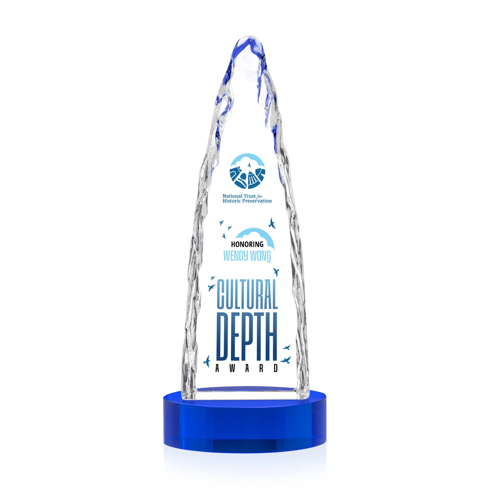 Custom engraved Optical Crystal Tower Award with a Sheared Iceberg Silhouette, awards for sales achievement awards