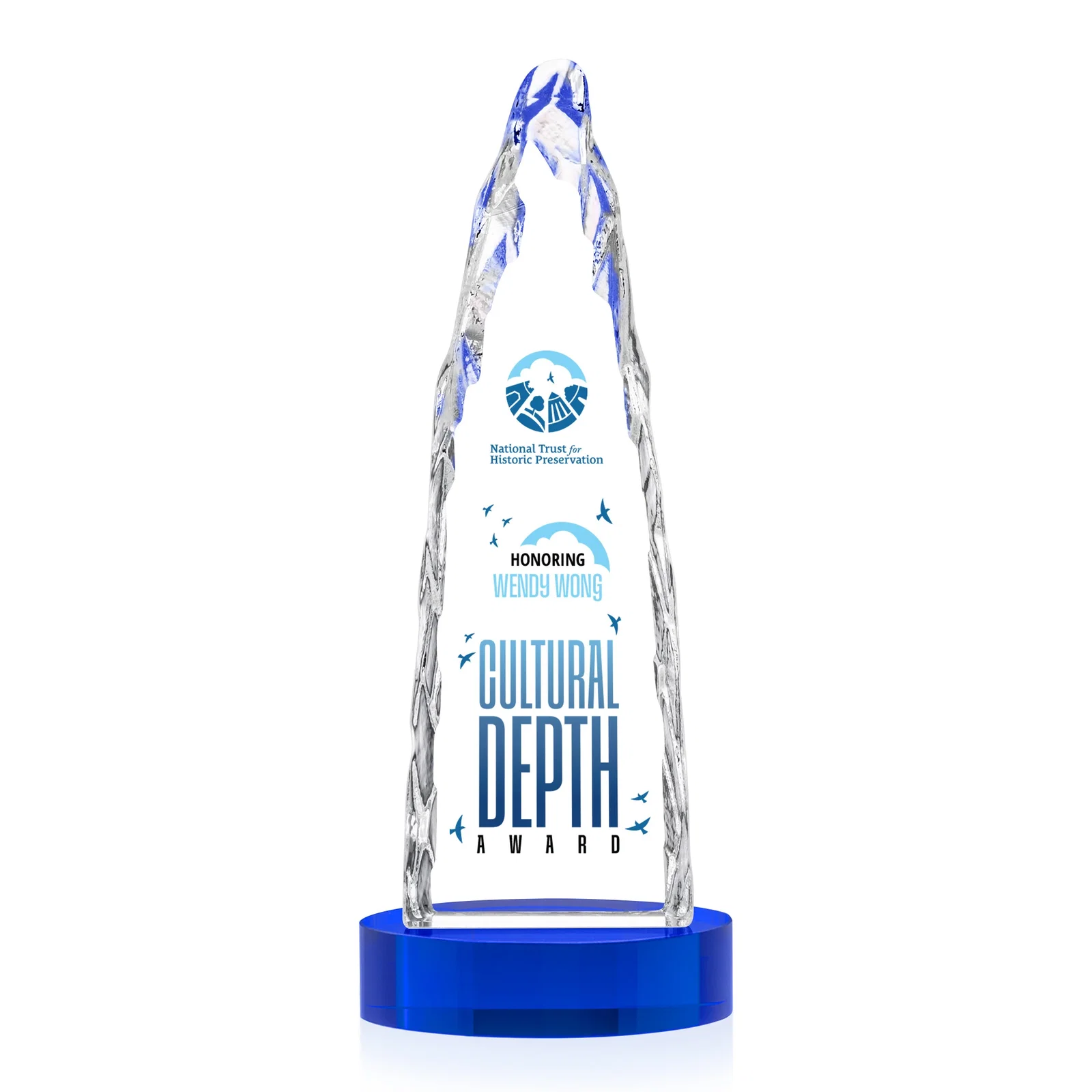 Custom engraved Optical Crystal Tower Award with a Sheared Iceberg Silhouette, awards for retirement presentations