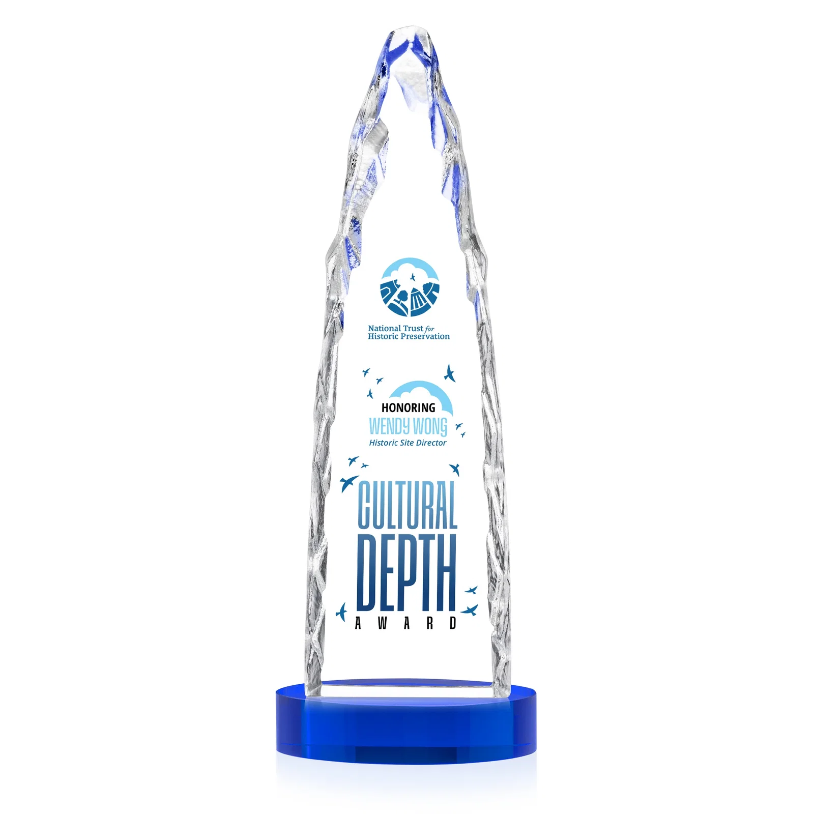 Custom engraved Optical Crystal Tower Award with a Sheared Iceberg Silhouette, awards for team milestone celebrations