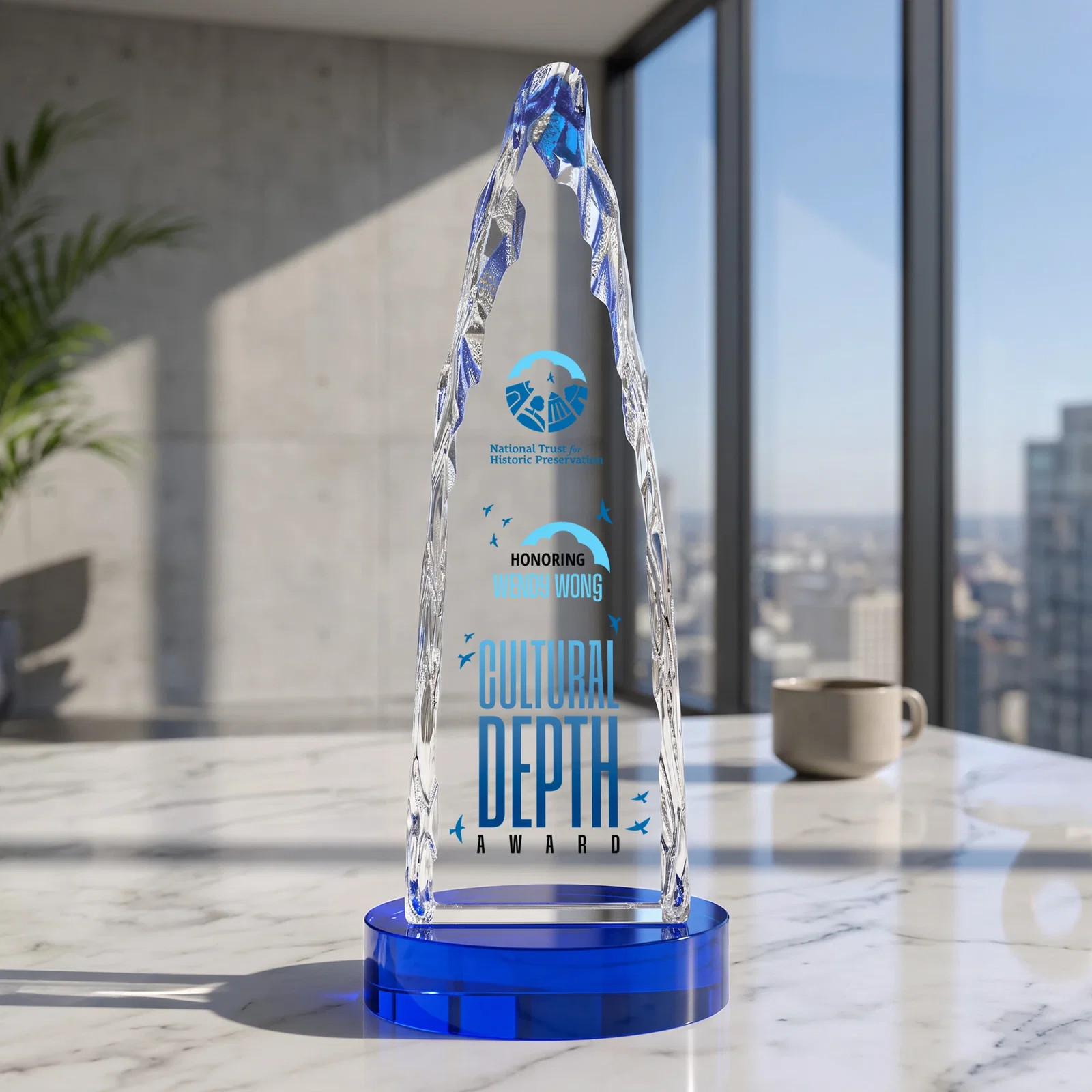 Custom engraved Optical Crystal Tower Award with a Sheared Iceberg Silhouette, awards for donor appreciation