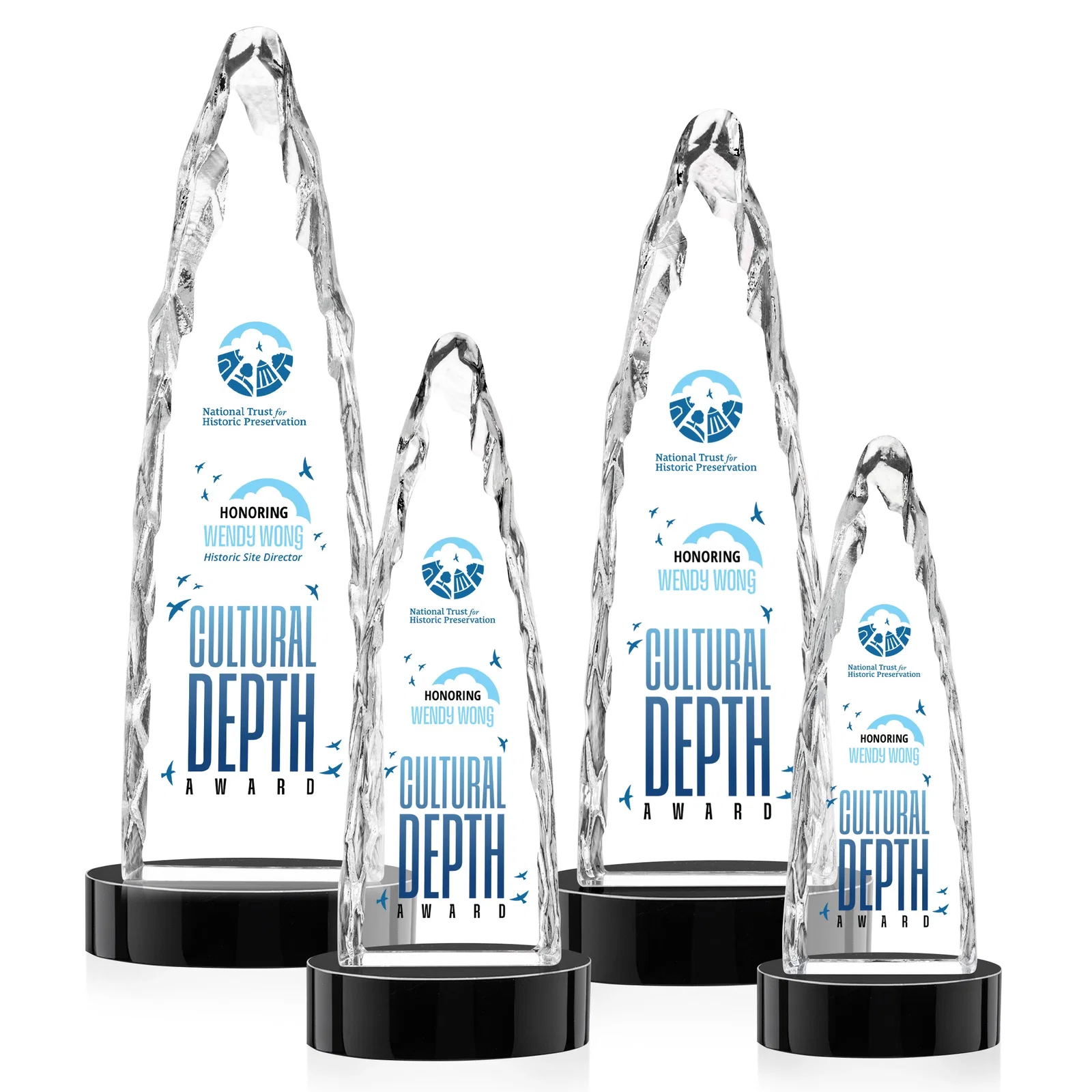 Custom engraved Optical Crystal Tower Award with a Sheared Iceberg Silhouette, awards for graduation ceremonies