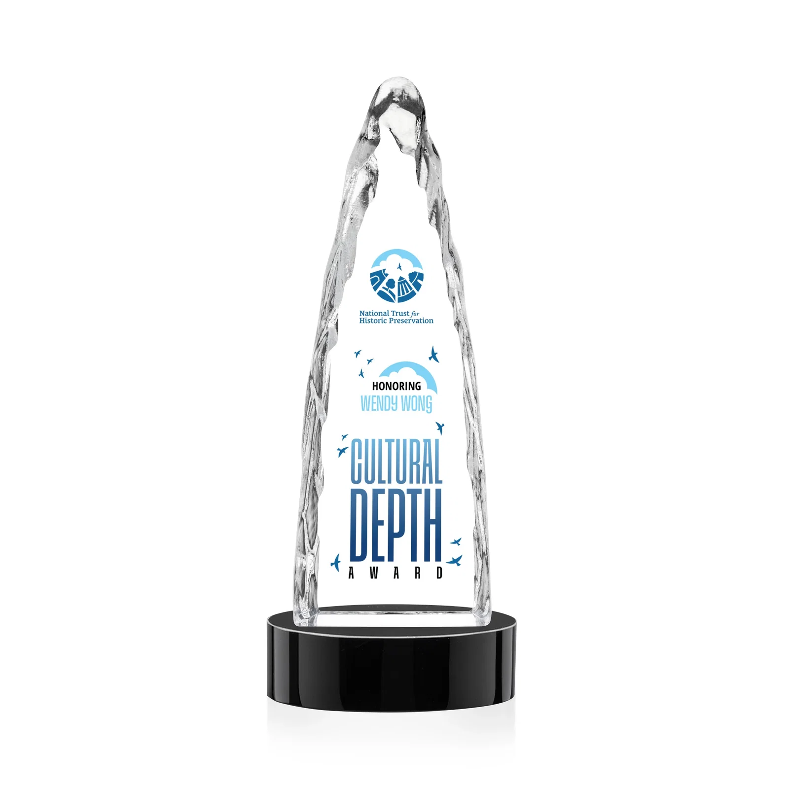 Custom engraved Optical Crystal Tower Award with a Sheared Iceberg Silhouette, awards for safety achievement programs