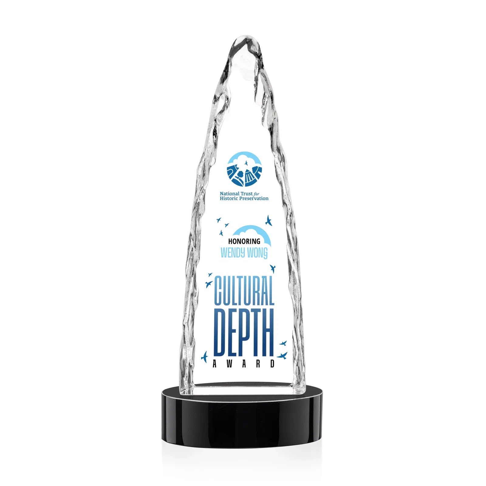 Custom engraved Optical Crystal Tower Award with a Sheared Iceberg Silhouette, awards for volunteer appreciation