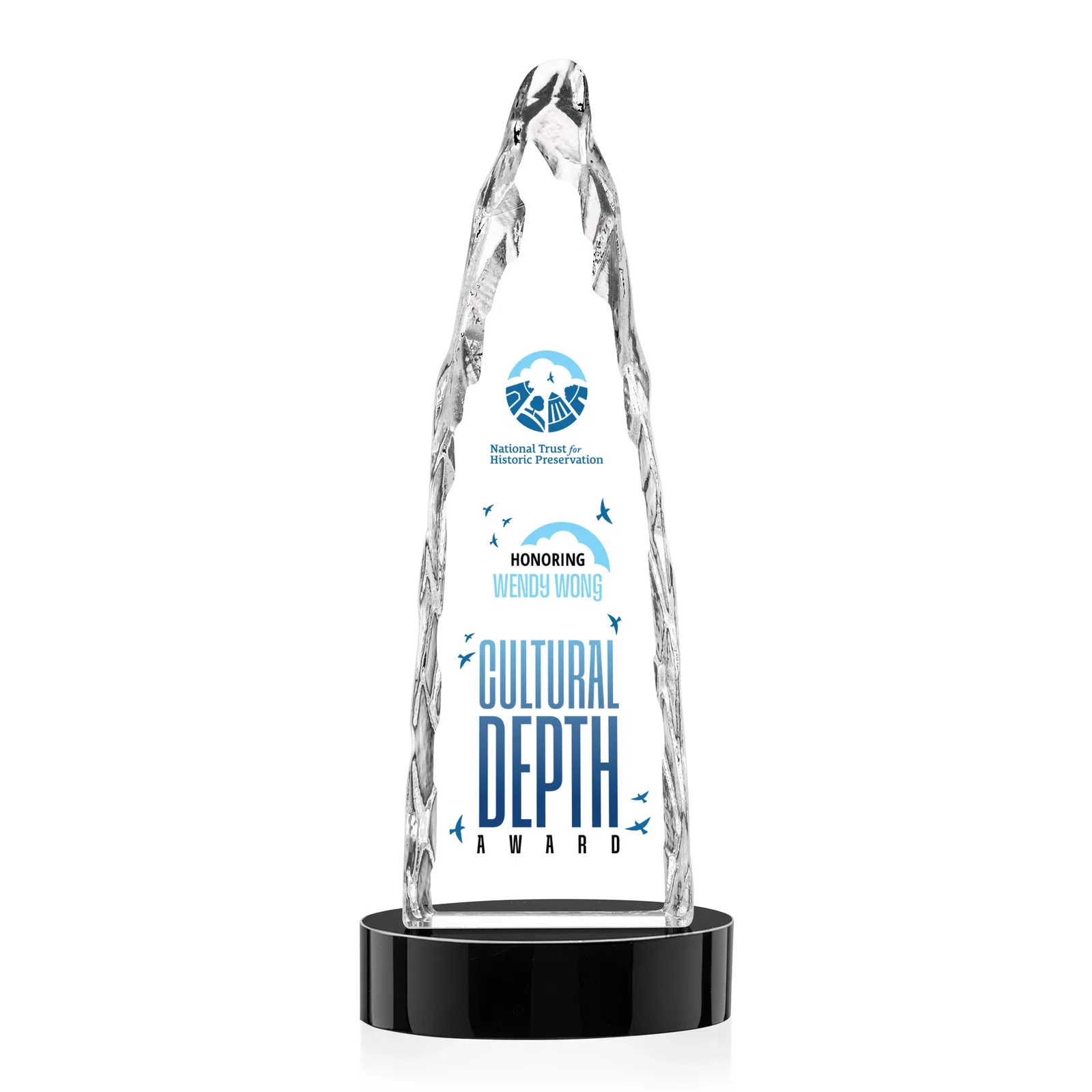 Custom engraved Optical Crystal Tower Award with a Sheared Iceberg Silhouette, awards for dealer and partner awards
