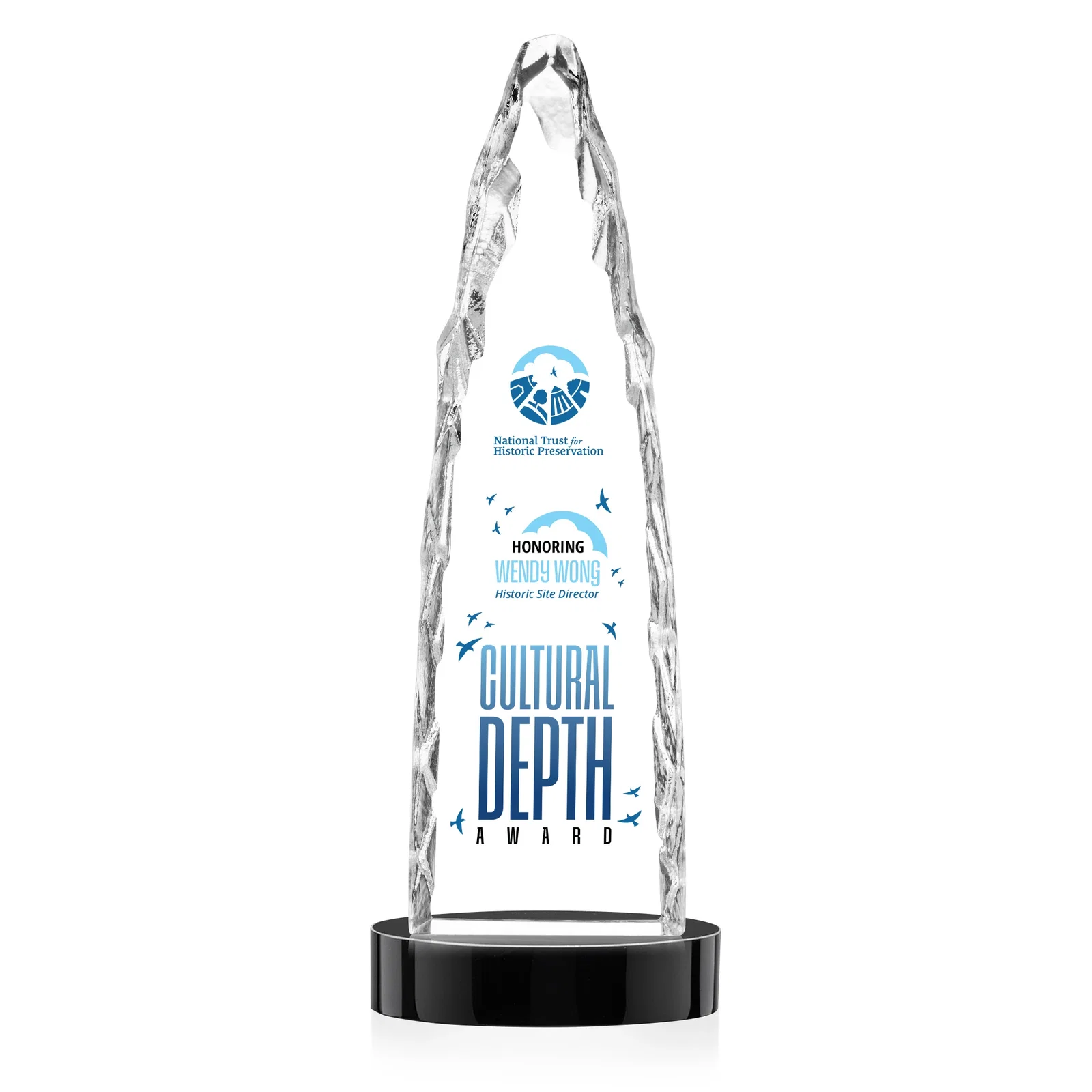 Custom engraved Optical Crystal Tower Award with a Sheared Iceberg Silhouette, awards for company anniversary events