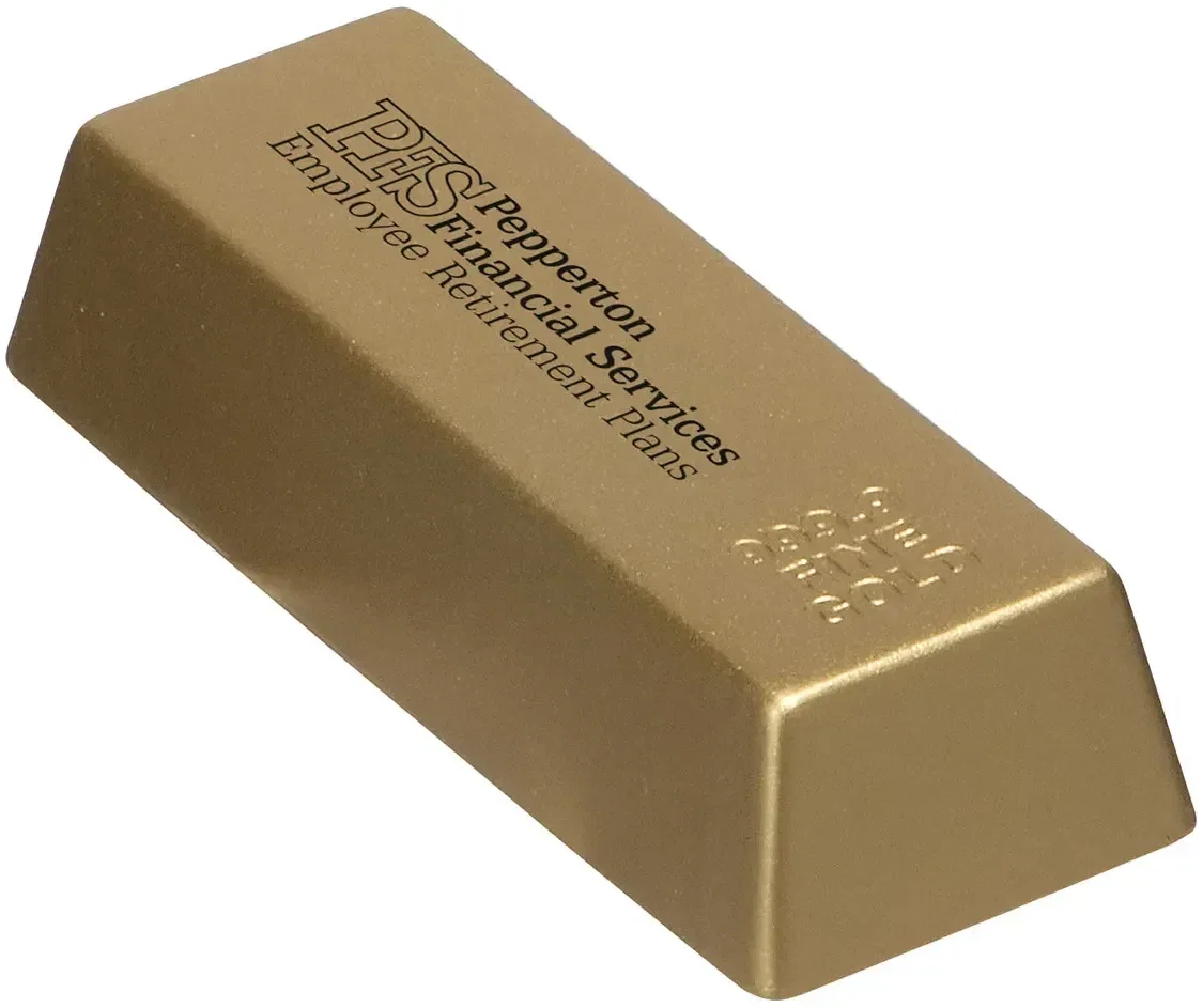 Gold Bar custom stress reliever shaped like a bullion bar, branded finance and investment promotional logo giveaway