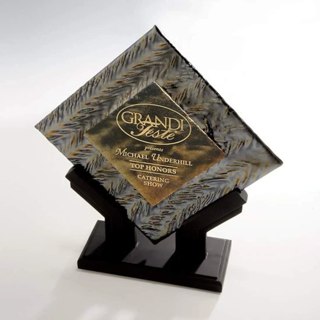 Custom Glass Diamond Award With Fused Gold Herringbone Layers for corporate award ceremonies
