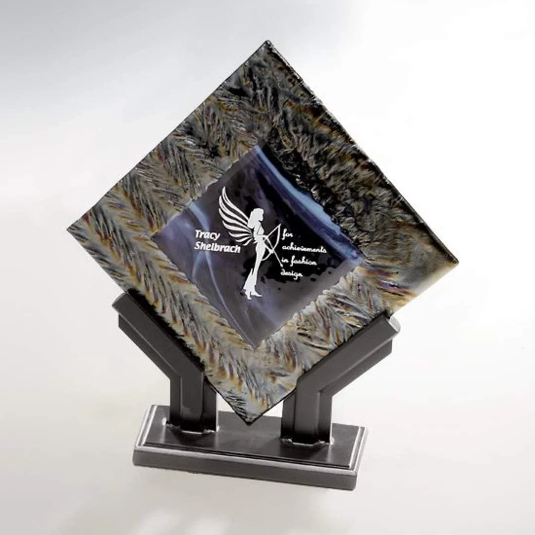 Custom Glass Diamond Award With Fused Gold Herringbone Layers for service anniversary gifts