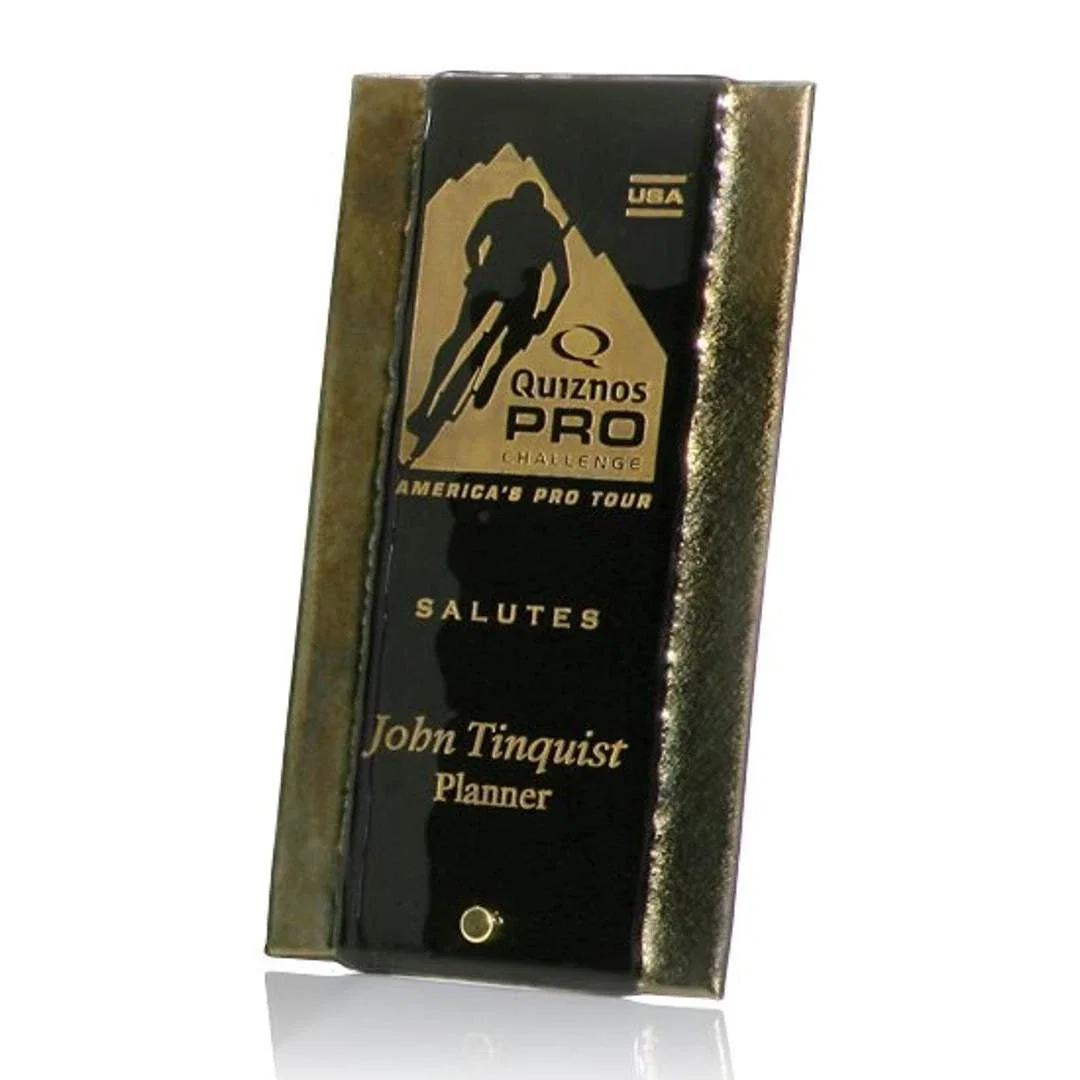 Custom Fused Gold Art Glass Award on Peg Easel Stand, Upgradable Base for employee recognition
