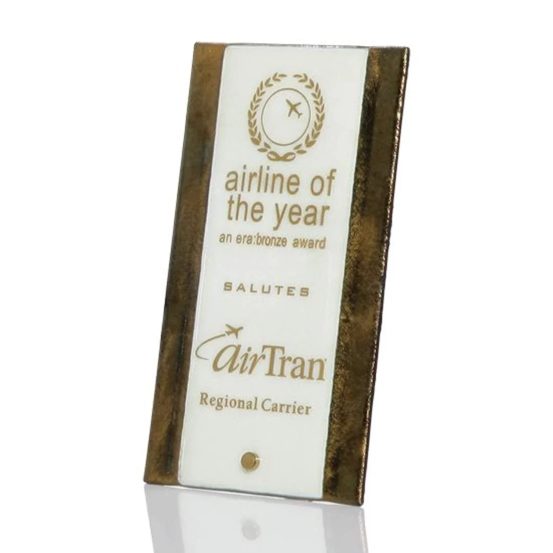 Custom Fused Gold Art Glass Award on Peg Easel Stand, Upgradable Base for corporate award ceremonies