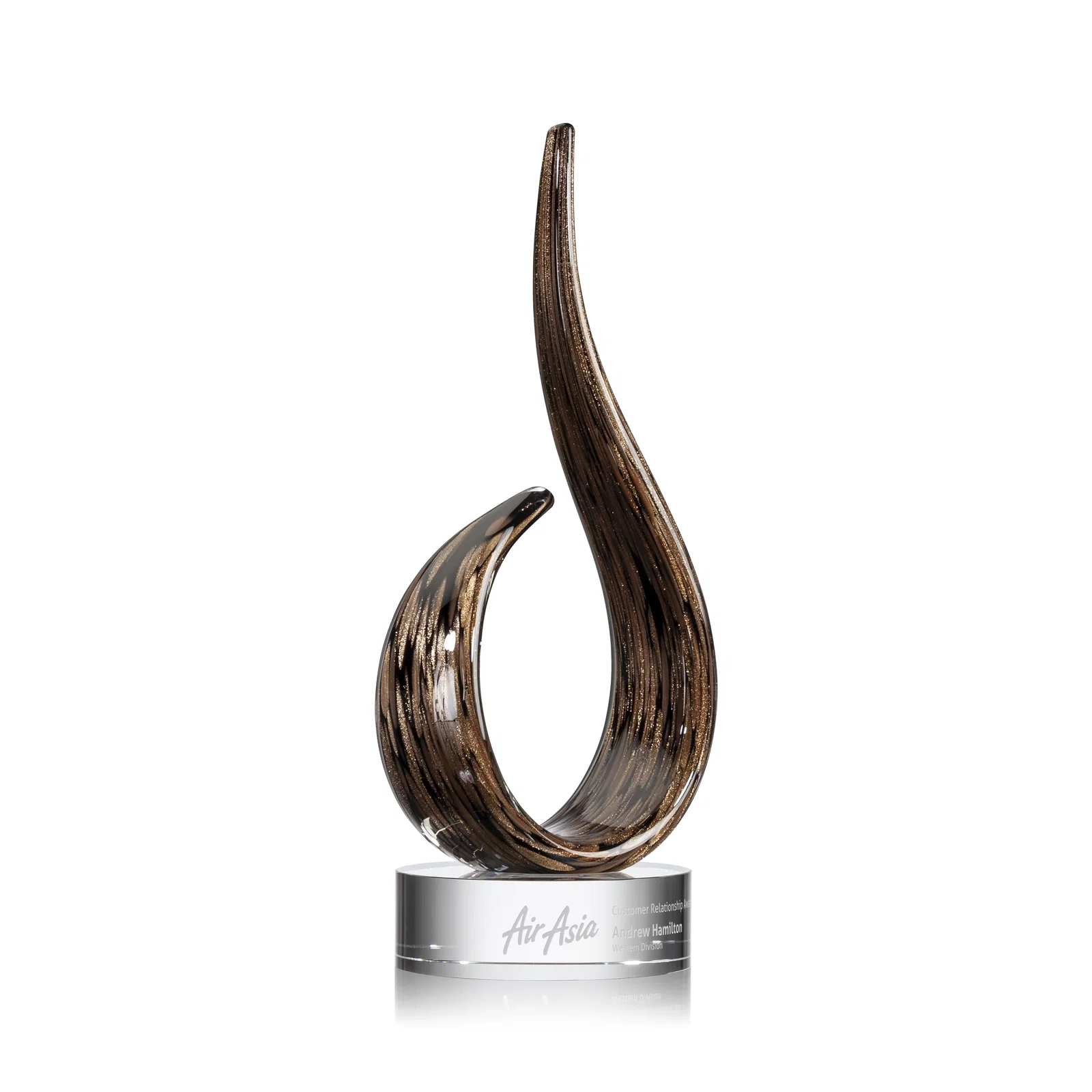 Custom Glass Flame Award With Swooping Gold-and-Black Silhouette for corporate award ceremonies