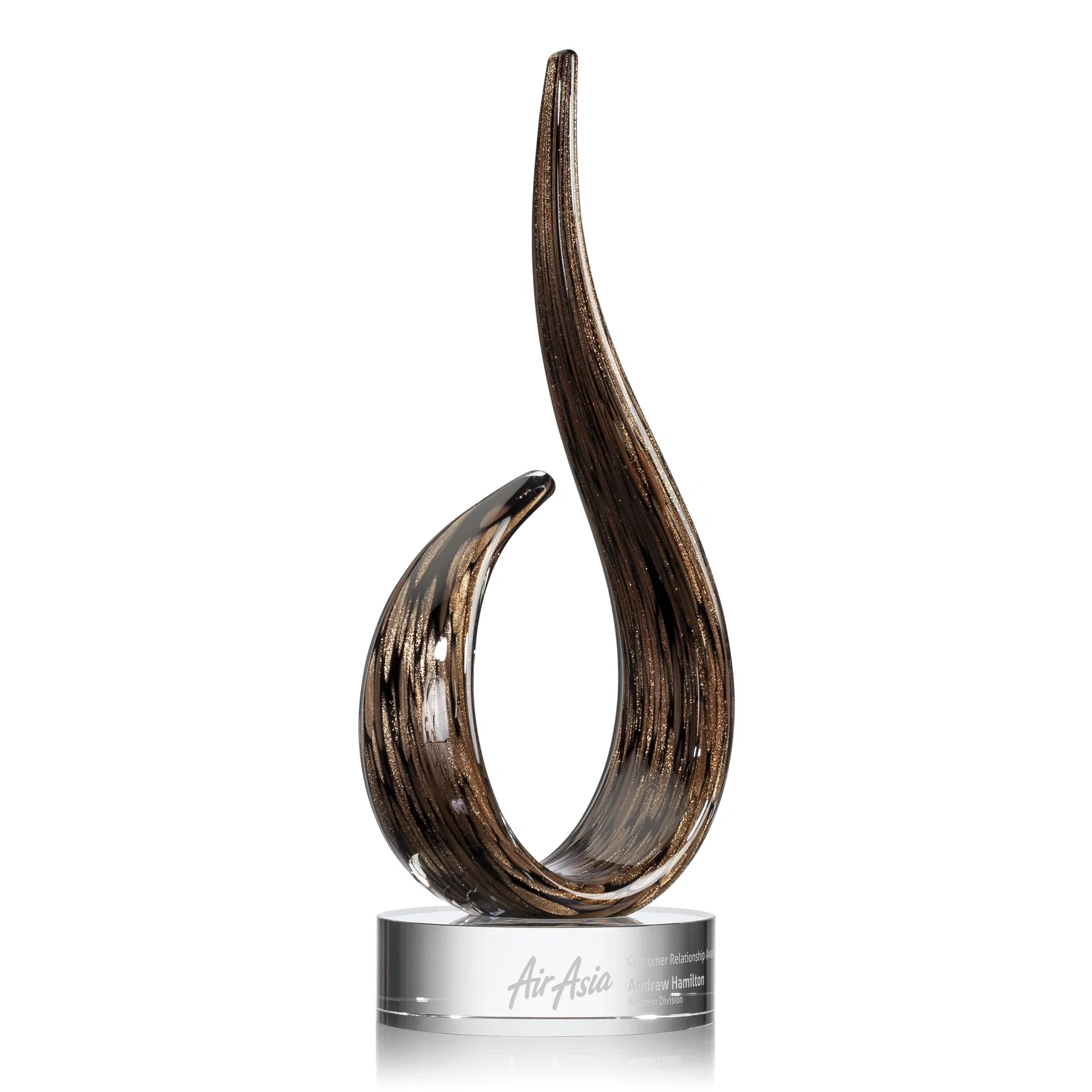 Custom Glass Flame Award With Swooping Gold-and-Black Silhouette for service anniversary gifts