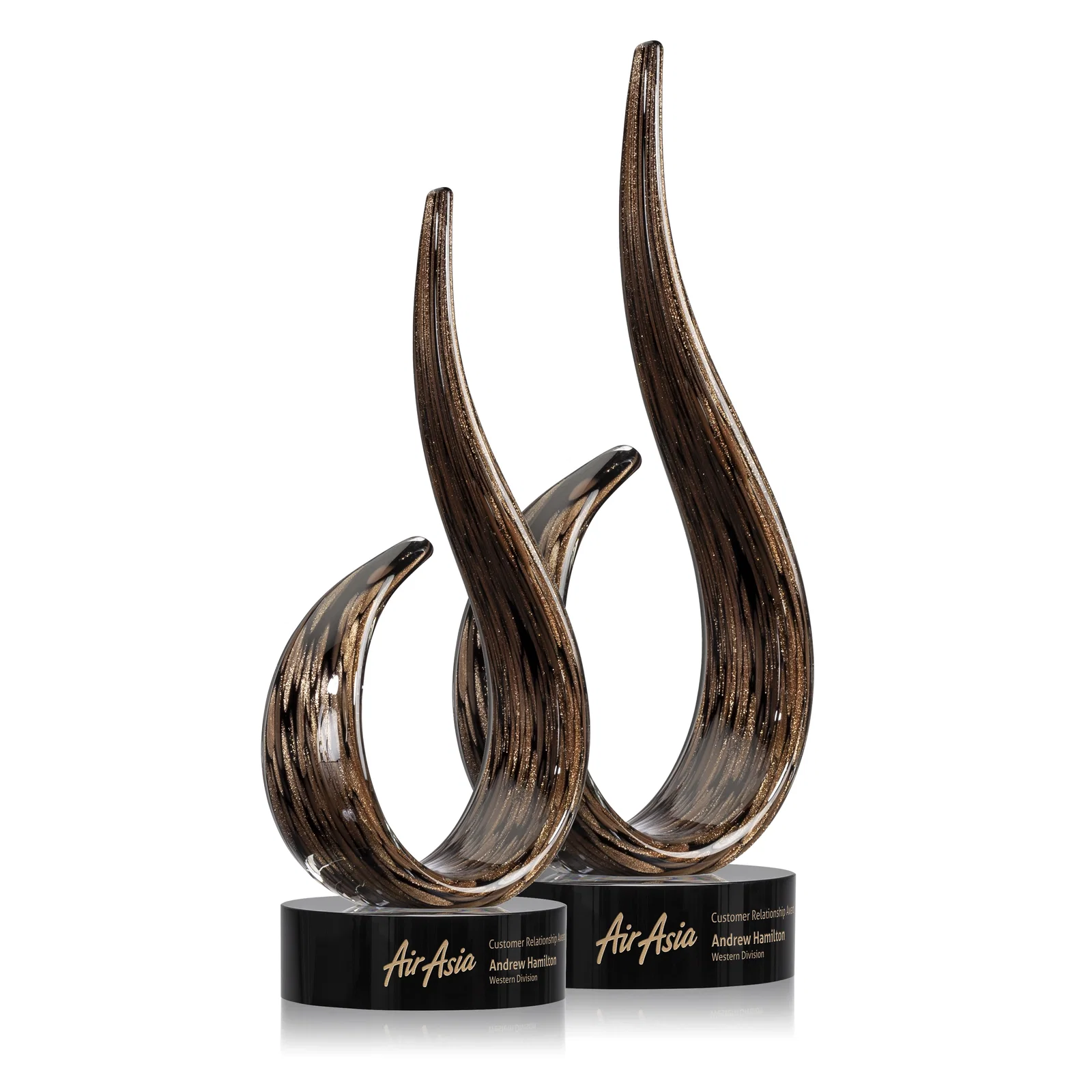 Custom Glass Flame Award With Swooping Gold-and-Black Silhouette for sales achievement awards