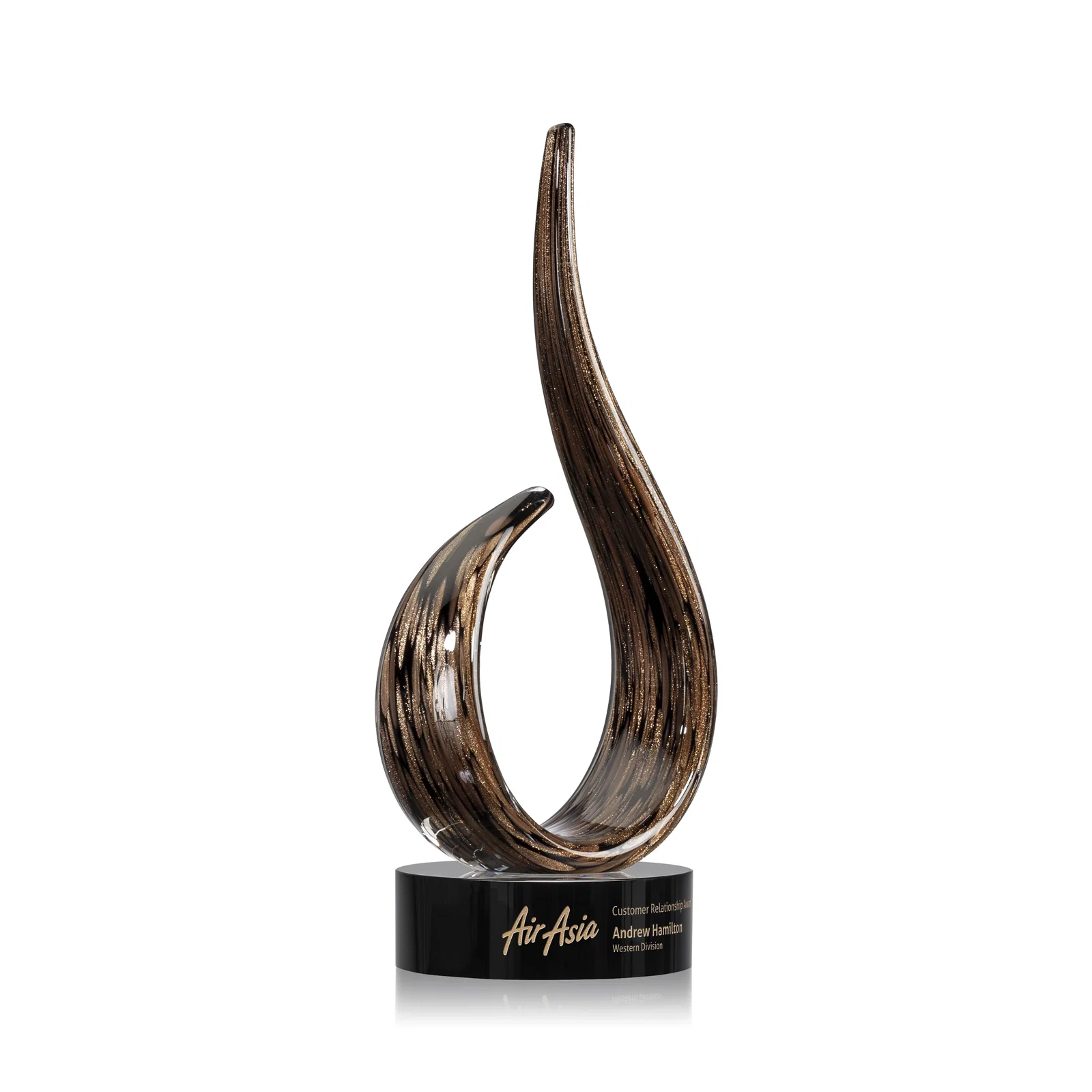 Custom Glass Flame Award With Swooping Gold-and-Black Silhouette for retirement presentations
