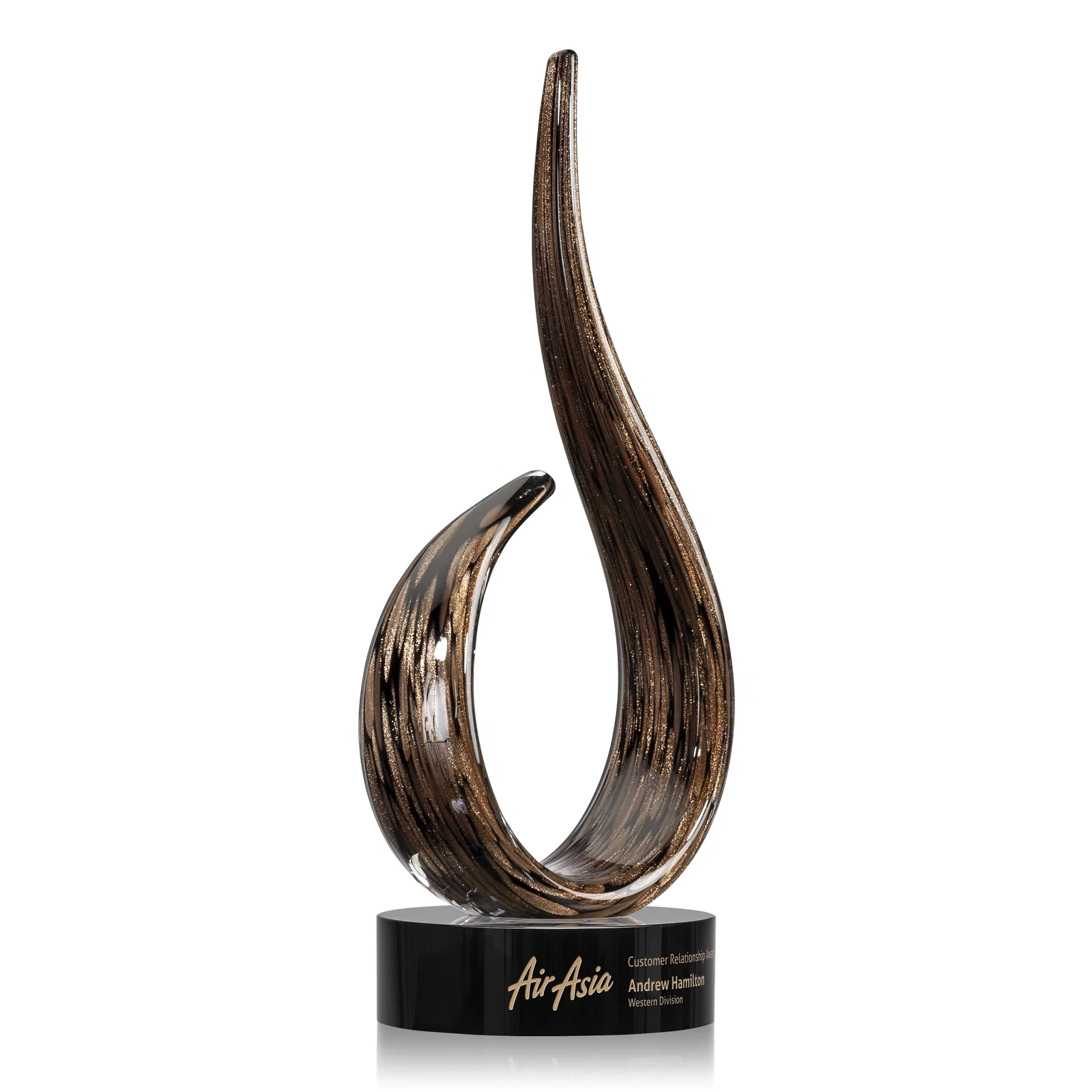 Custom Glass Flame Award With Swooping Gold-and-Black Silhouette for team milestone celebrations