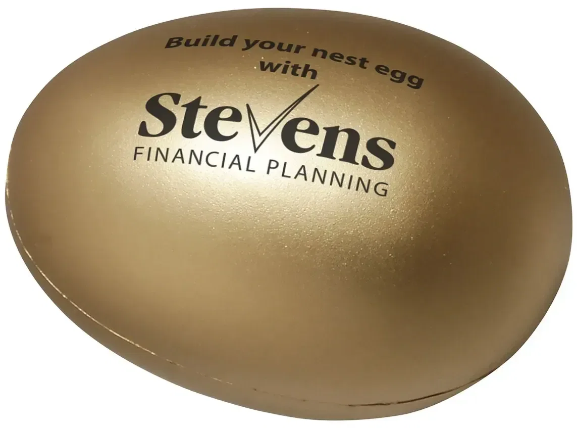 Custom Golden Egg Stress Reliever, branded gold egg squeeze toy with logo print for banks and investment firms