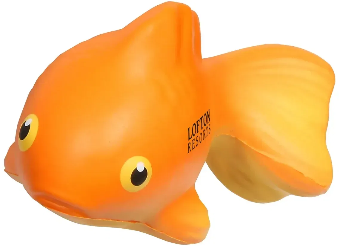 Goldfish stress reliever with custom logo, branded goldfish-shaped promotional squeeze toy for pet stores