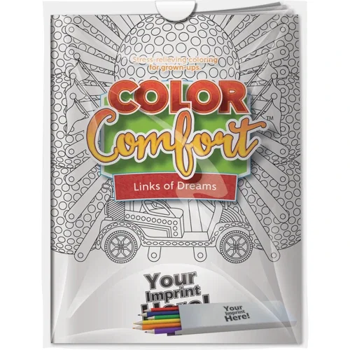 Golf Adult Coloring Book and Colored Pencils Combo Pack, Links of Dreams theme, front view