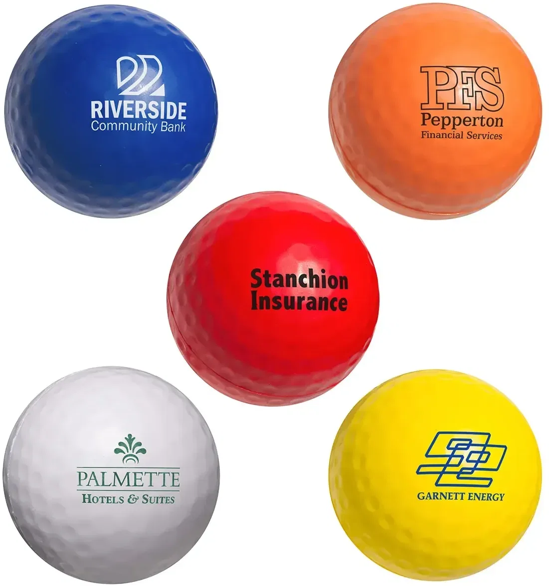 Custom golf ball stress reliever with branded logo, promotional squeeze toy front view