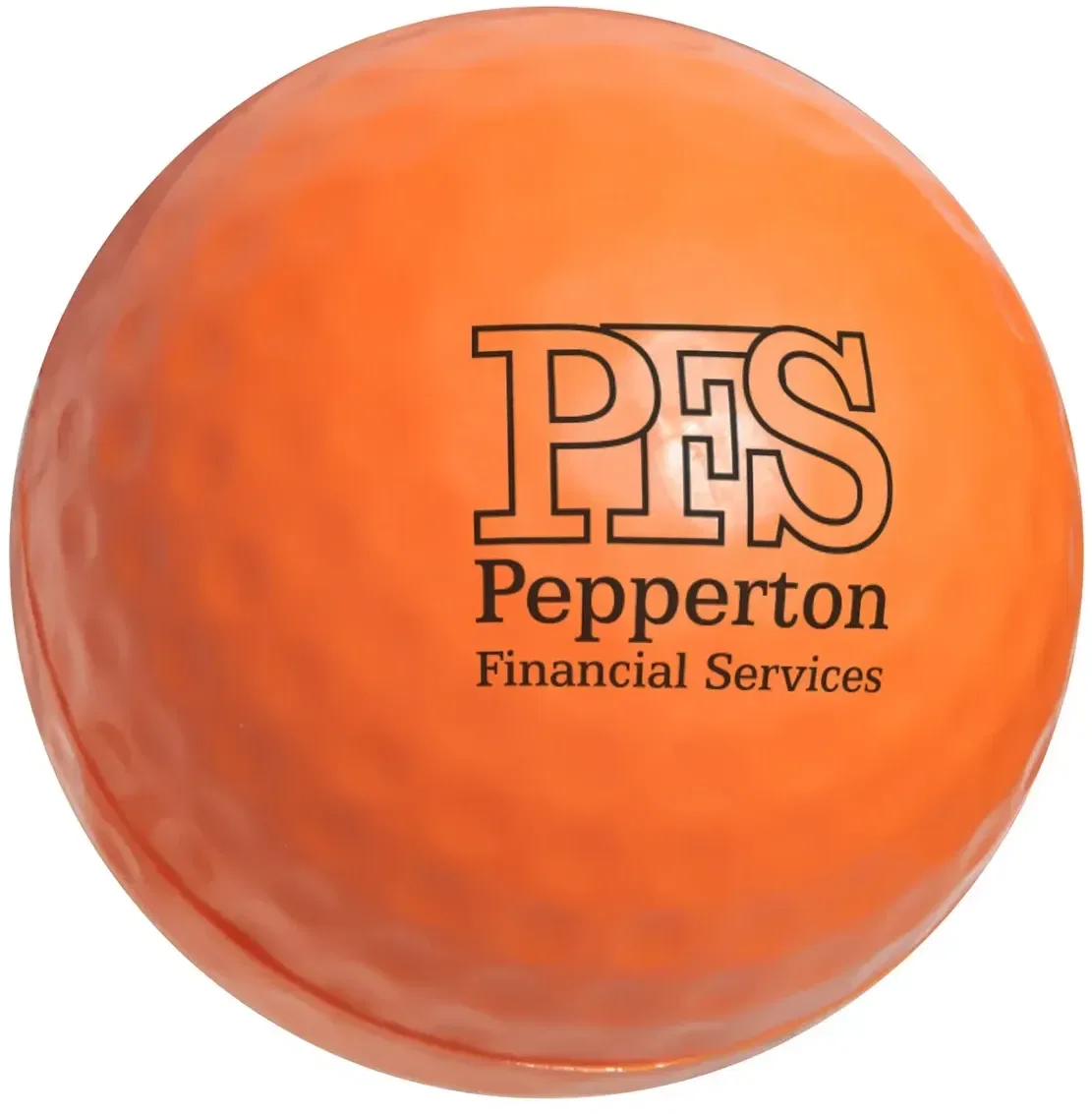 Branded golf ball stress reliever squeeze toy, side angle view