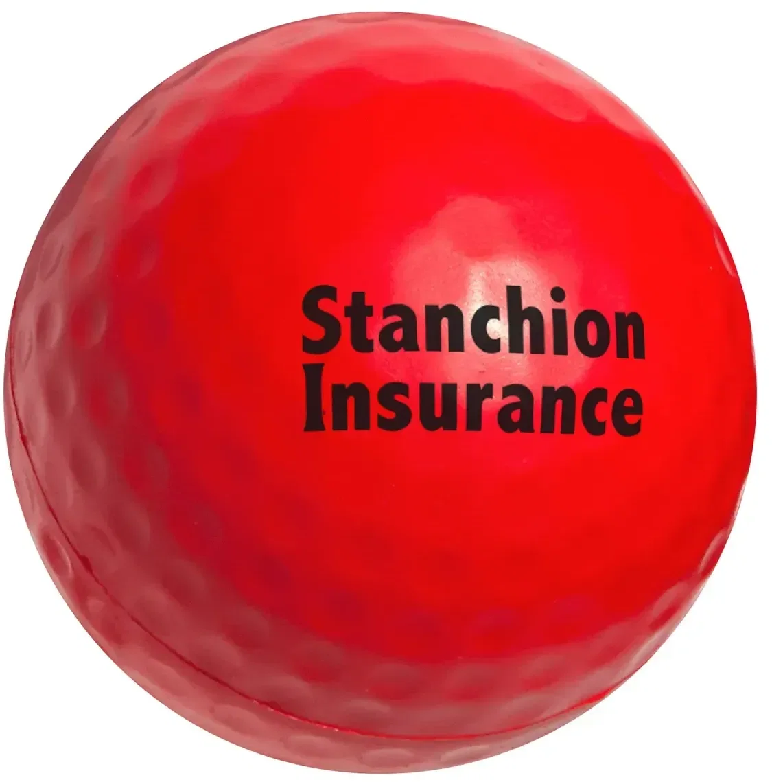 Promotional golf ball stress reliever, close-up of dimpled surface with logo