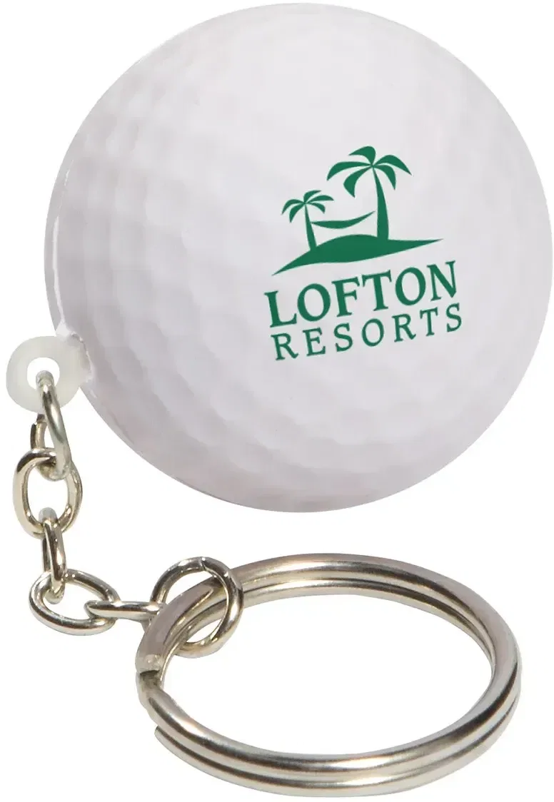 Golf Ball Stress Reliever Key Chain, a branded dimpled golf-ball squeeze toy keyring for custom logo outings